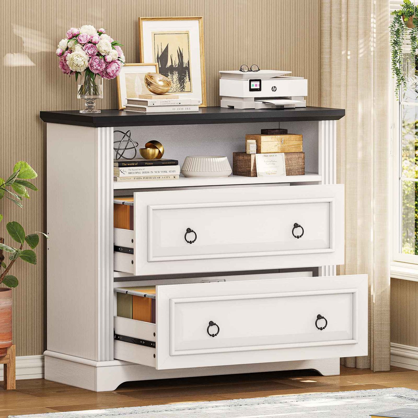 Itaar | 2 Drawer File Cabinet Farmhouse Filing Cabinet for Home Office Fits Letter Legal A4 Size Wood Lateral File Cabinet with Printer Stand