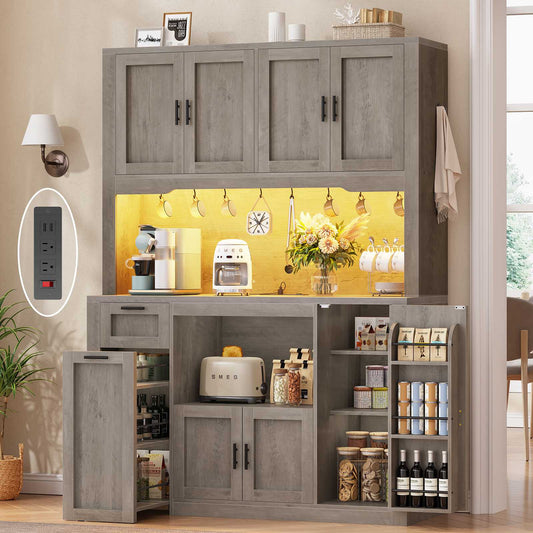 Itaar | 71 Inch Pantry Cabinet with Charging Station and LED Light Kitchen Pantry Cabinet with Microwave Stand