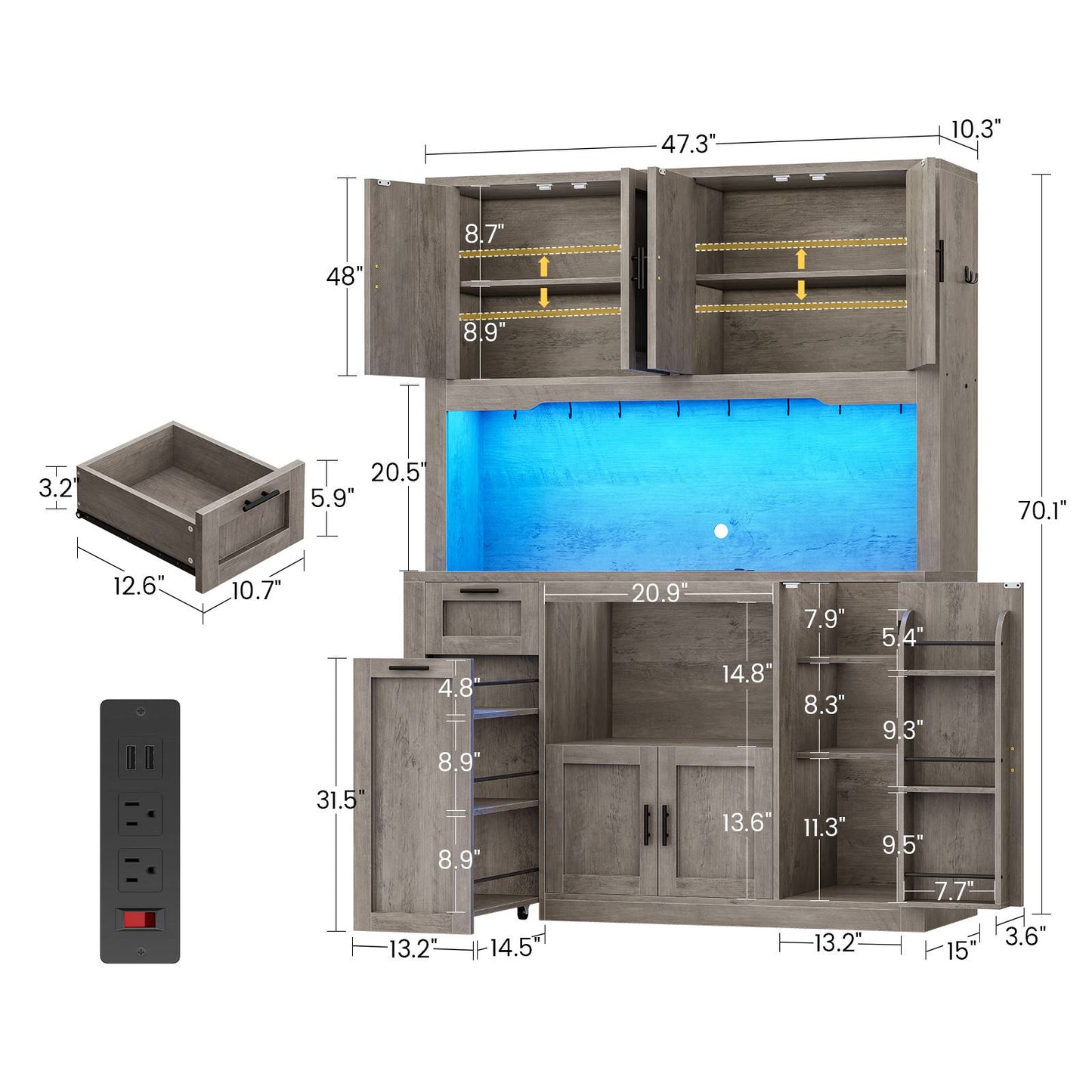 Itaar | 71 Inch Pantry Cabinet with Charging Station and LED Light Kitchen Pantry Cabinet with Microwave Stand