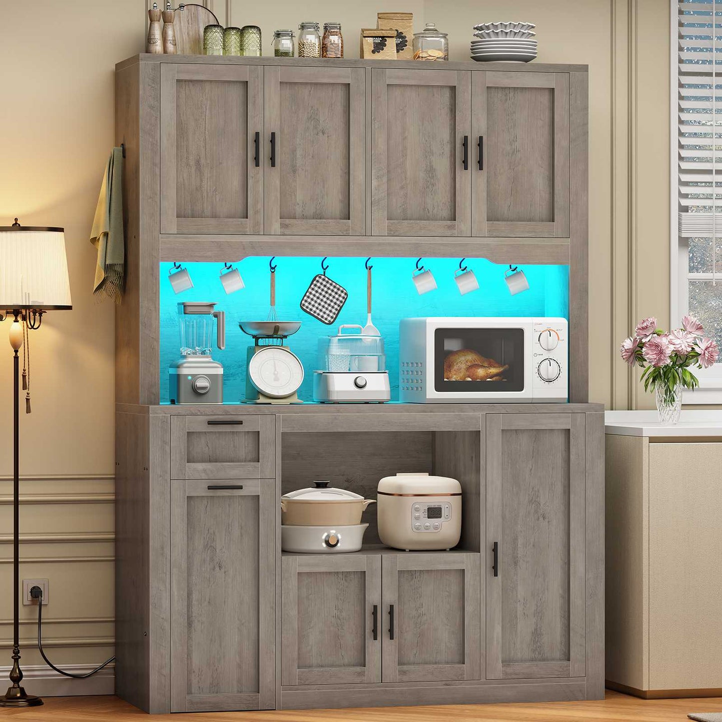 Itaar | 71 Inch Pantry Cabinet with Charging Station and LED Light Kitchen Pantry Cabinet with Microwave Stand