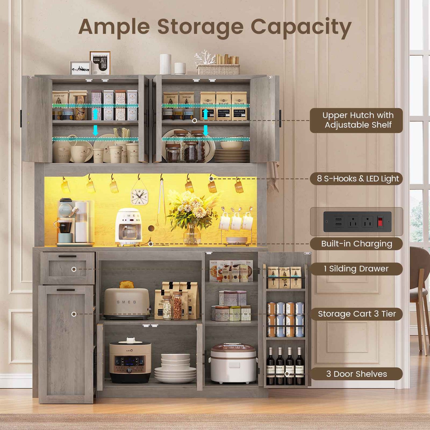Itaar | 71 Inch Pantry Cabinet with Charging Station and LED Light Kitchen Pantry Cabinet with Microwave Stand