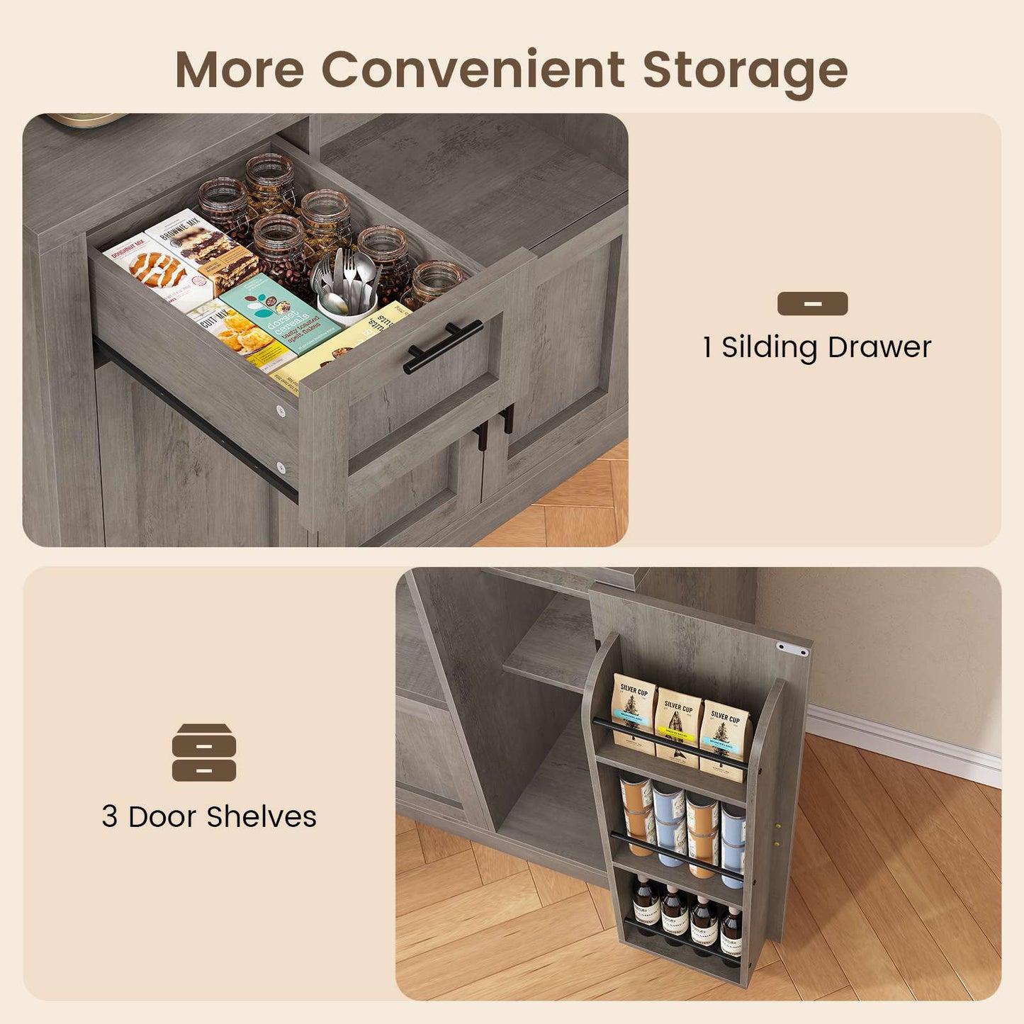 Itaar | 71 Inch Pantry Cabinet with Charging Station and LED Light Kitchen Pantry Cabinet with Microwave Stand