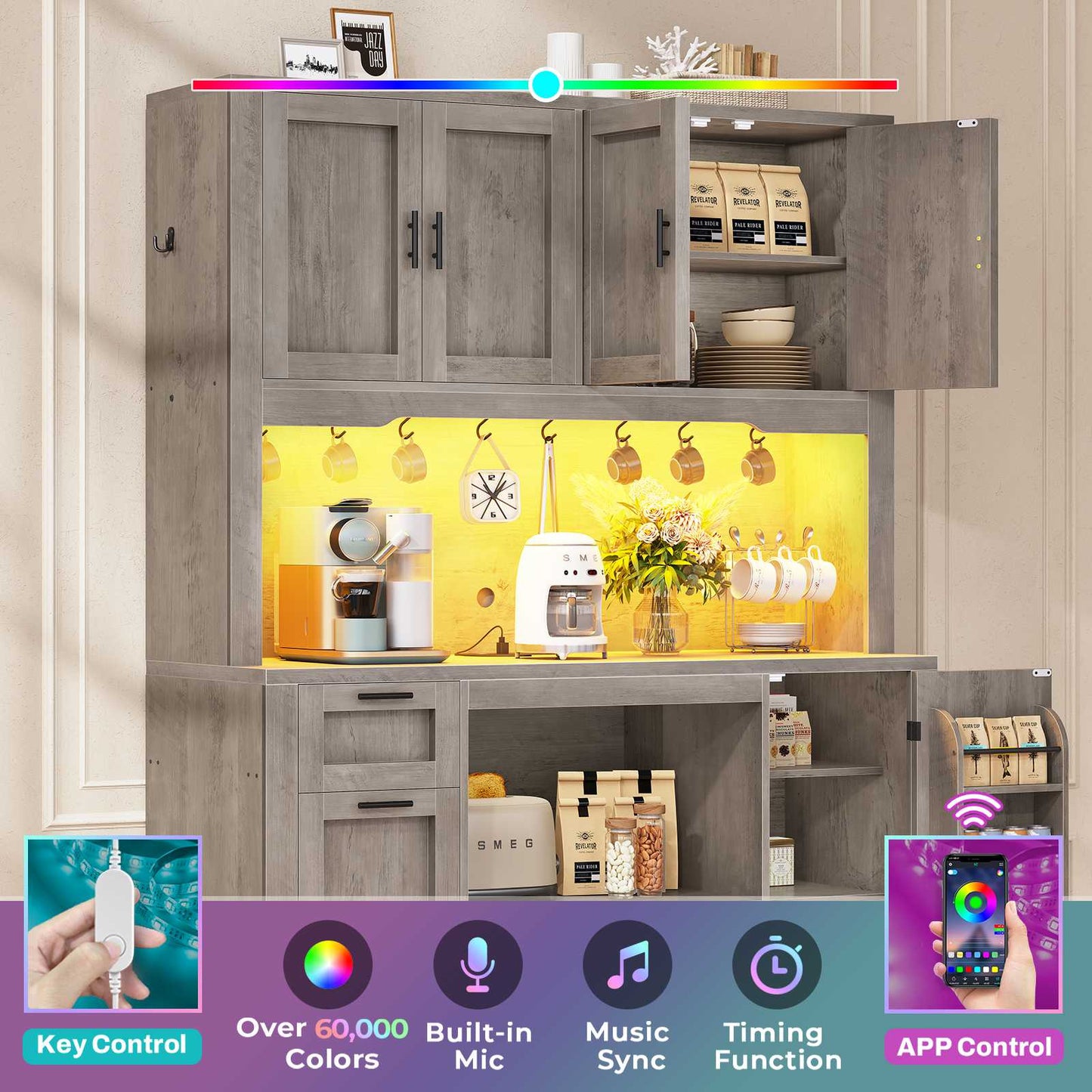 Itaar | 71 Inch Pantry Cabinet with Charging Station and LED Light Kitchen Pantry Cabinet with Microwave Stand
