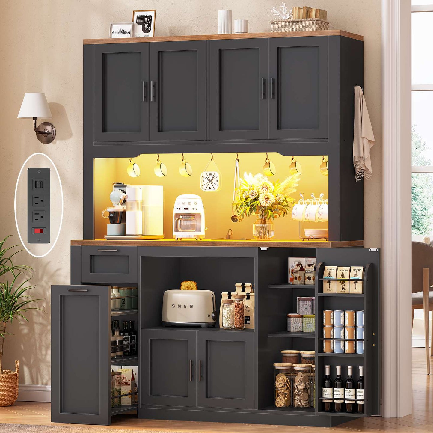 Itaar | 71 Inch Pantry Cabinet with Charging Station and LED Light Kitchen Pantry Cabinet with Microwave Stand