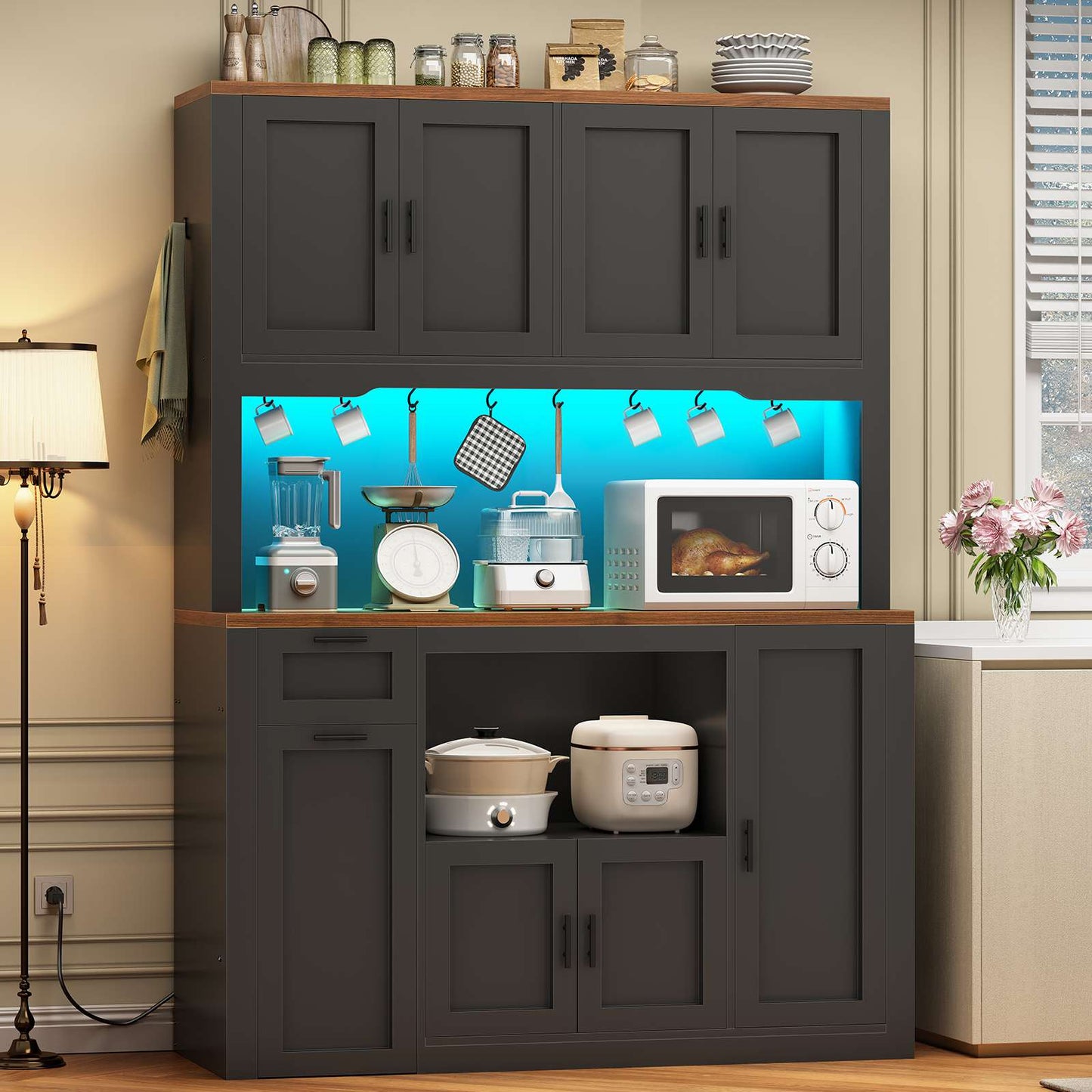 Itaar | 71 Inch Pantry Cabinet with Charging Station and LED Light Kitchen Pantry Cabinet with Microwave Stand