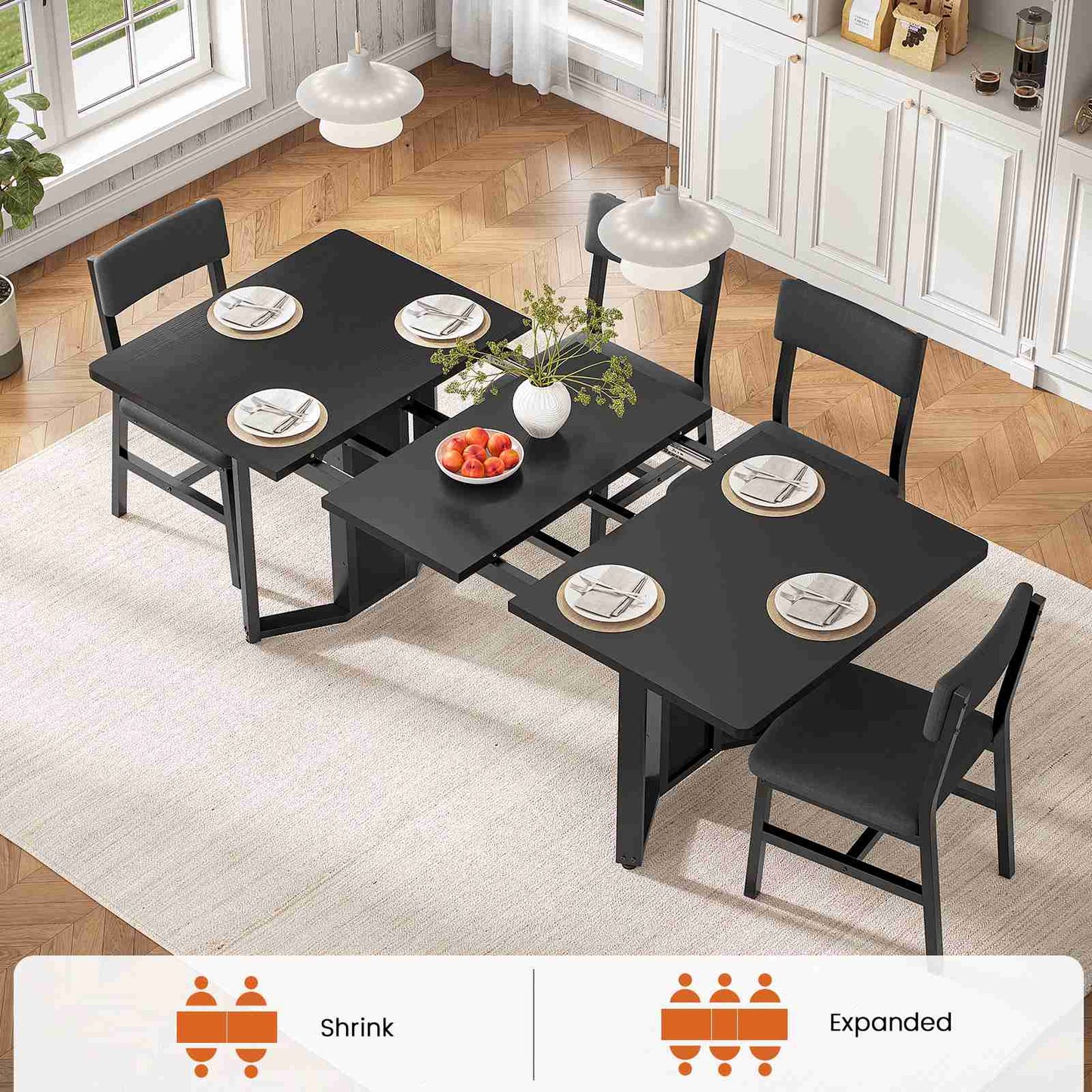 Itaar | 5 Piece Dining Table Set for 4-6 People 63 Inch Extendable Kitchen Table and 4 Cushion Chairs Dining Room Table with MDF Board