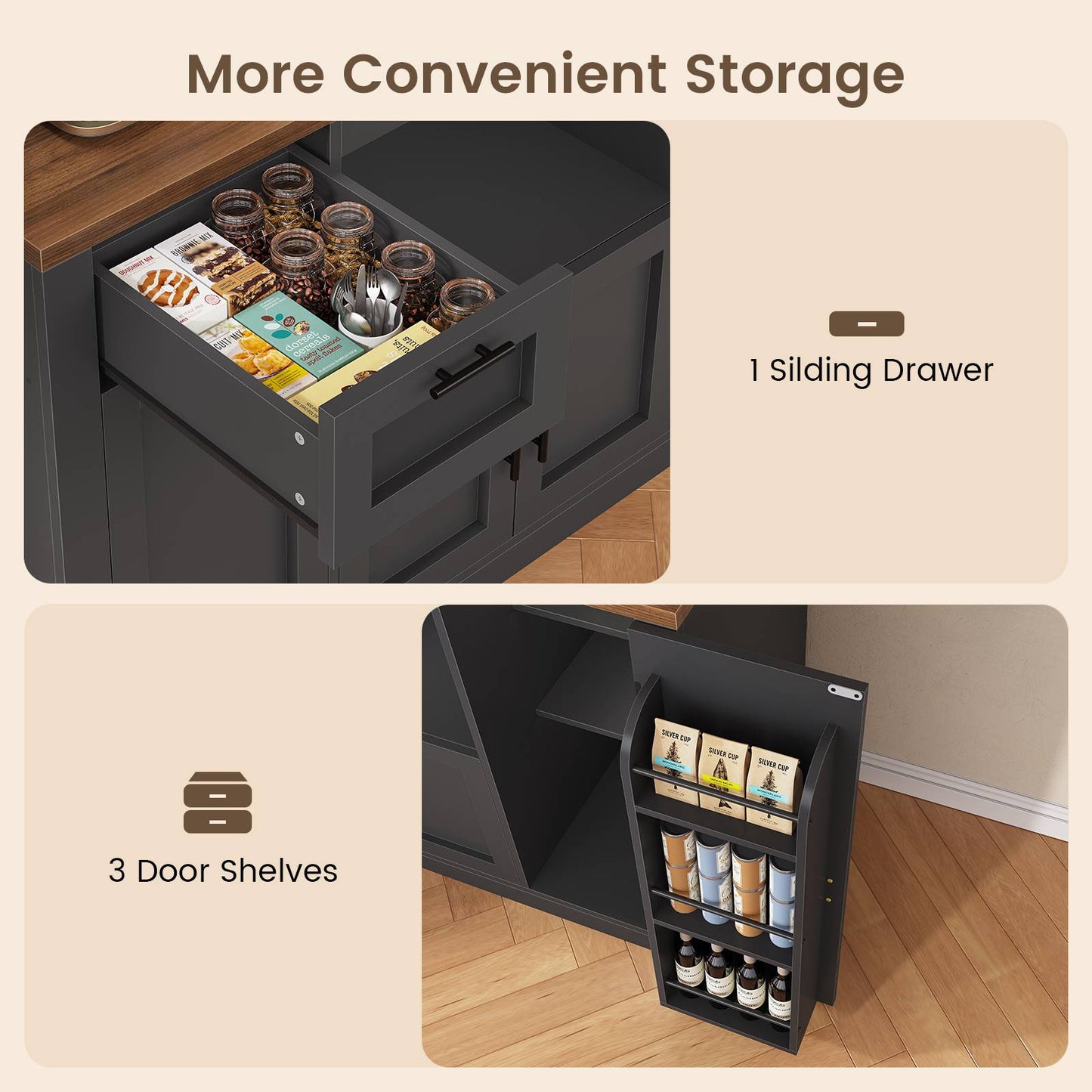 Itaar | 71 Inch Pantry Cabinet with Charging Station and LED Light Kitchen Pantry Cabinet with Microwave Stand