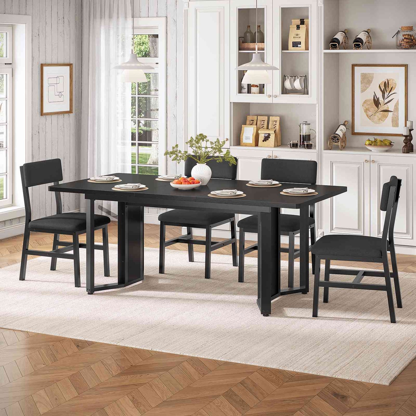 Itaar | 5 Piece Dining Table Set for 4-6 People 63 Inch Extendable Kitchen Table and 4 Cushion Chairs Dining Room Table with MDF Board