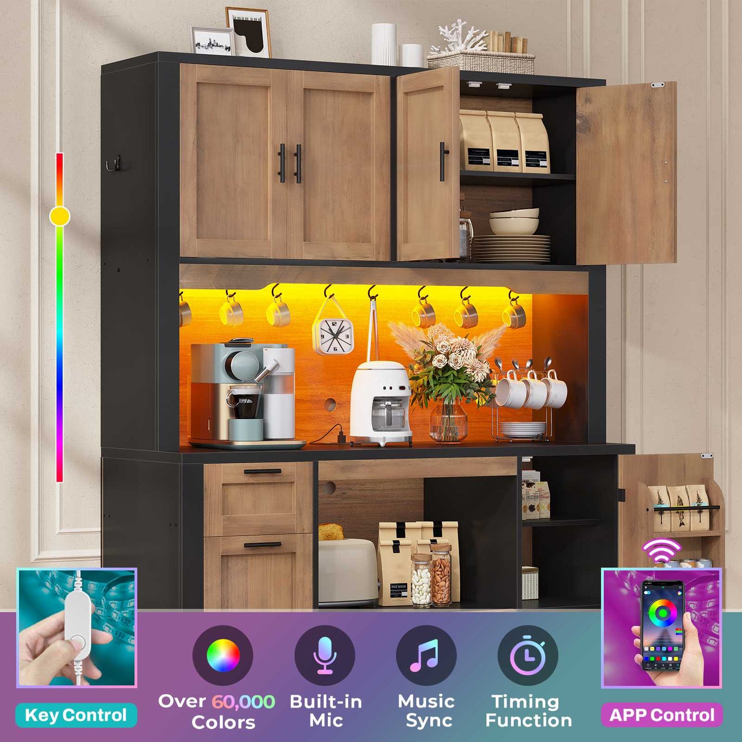 Itaar | 71 Inch Pantry Cabinet with Charging Station and LED Light Kitchen Pantry Cabinet with Microwave Stand