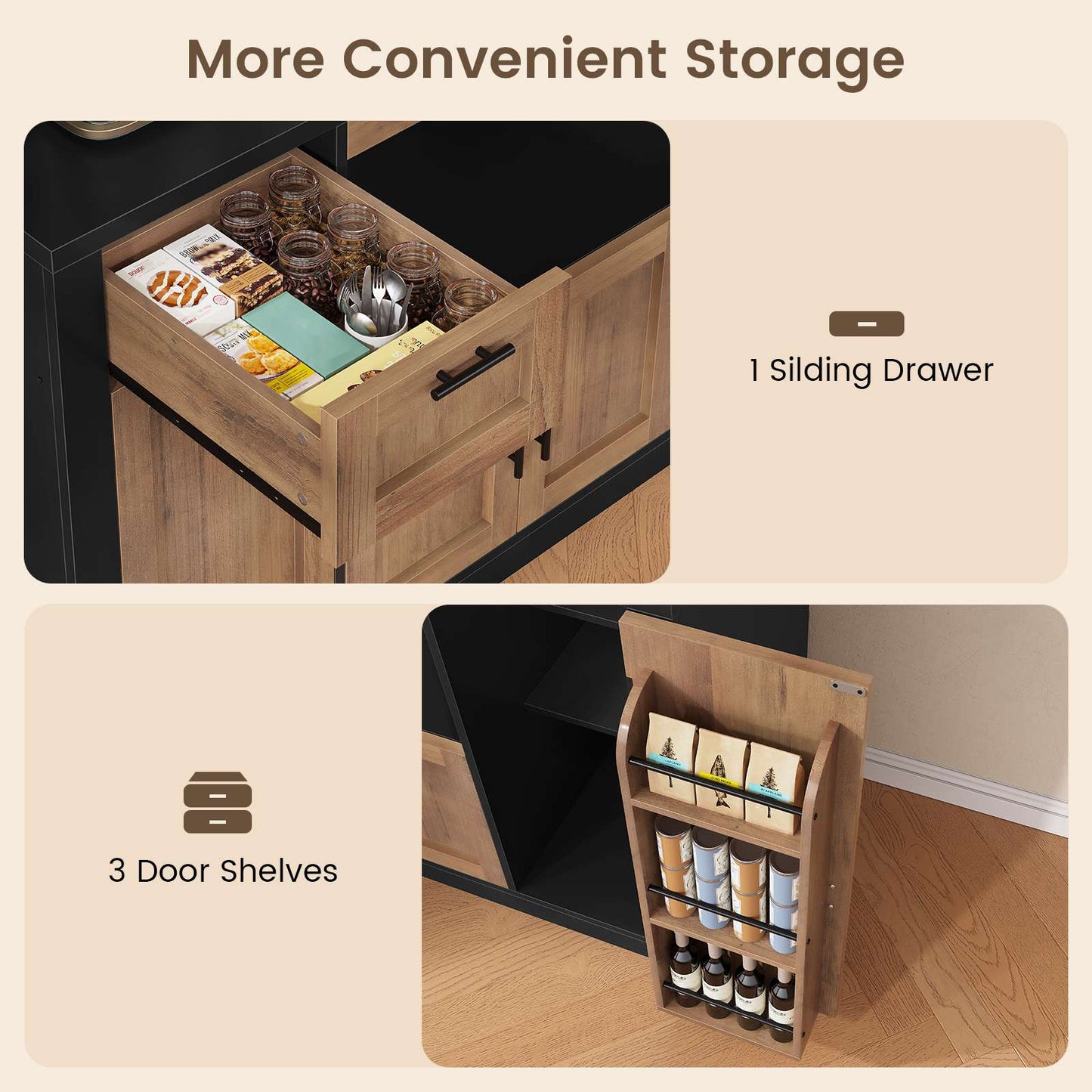 Itaar | 71 Inch Pantry Cabinet with Charging Station and LED Light Kitchen Pantry Cabinet with Microwave Stand