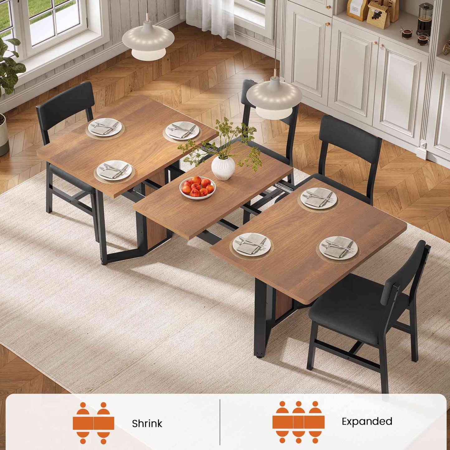 Itaar | 5 Piece Dining Table Set for 4-6 People 63 Inch Extendable Kitchen Table and 4 Cushion Chairs Dining Room Table with MDF Board