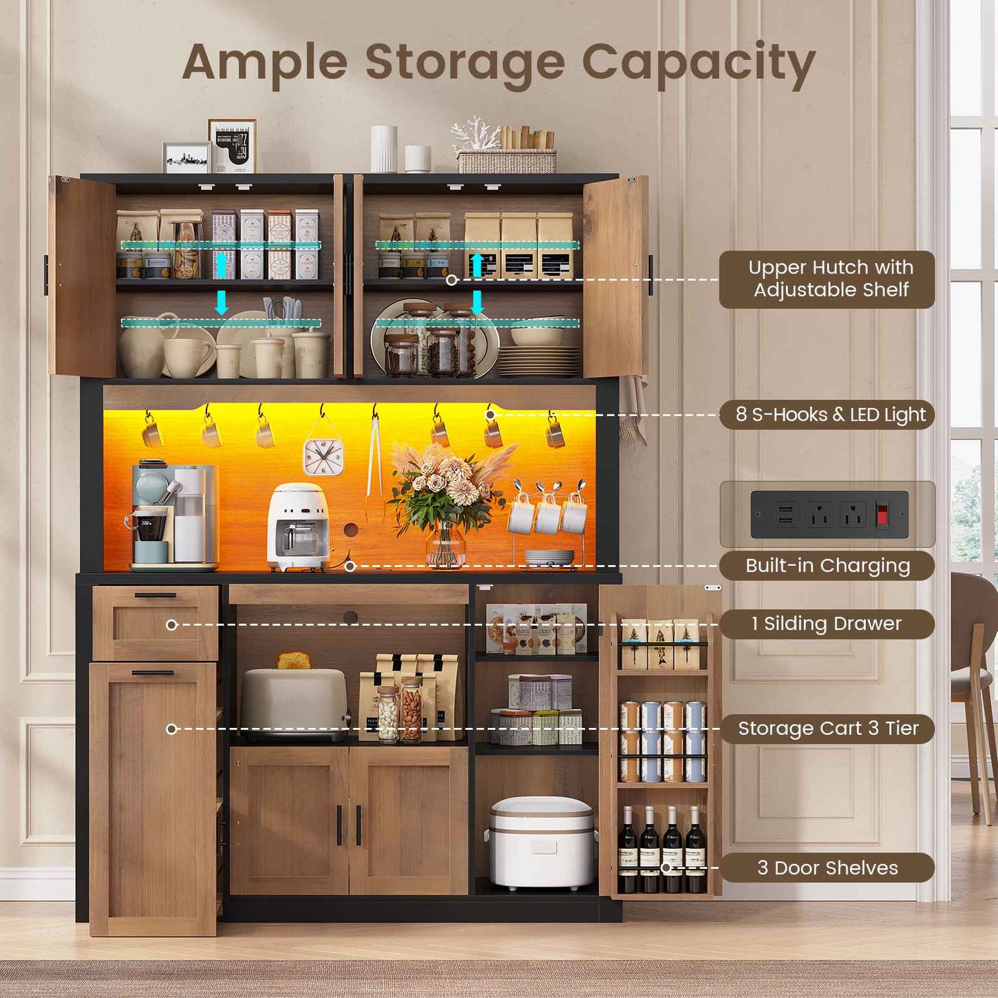 Itaar | 71 Inch Pantry Cabinet with Charging Station and LED Light Kitchen Pantry Cabinet with Microwave Stand