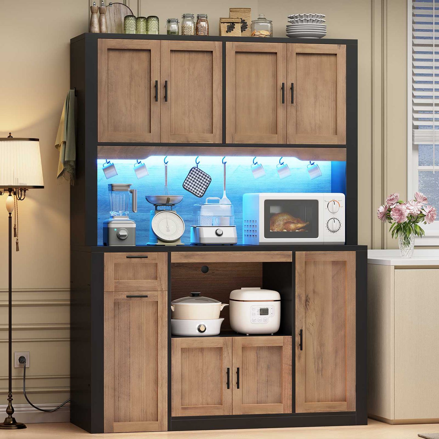 Itaar | 71 Inch Pantry Cabinet with Charging Station and LED Light Kitchen Pantry Cabinet with Microwave Stand
