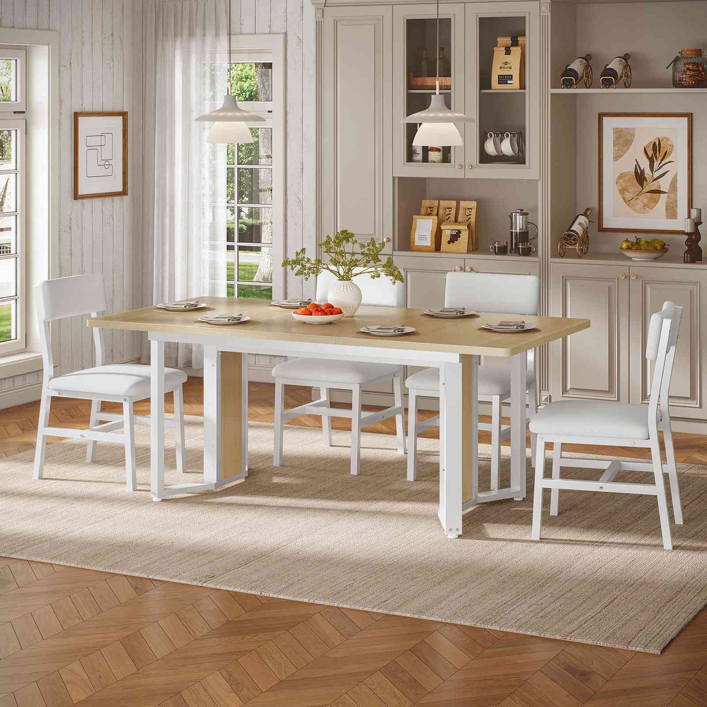 Itaar | 5 Piece Dining Table Set for 4-6 People 63 Inch Extendable Kitchen Table and 4 Cushion Chairs Dining Room Table with MDF Board