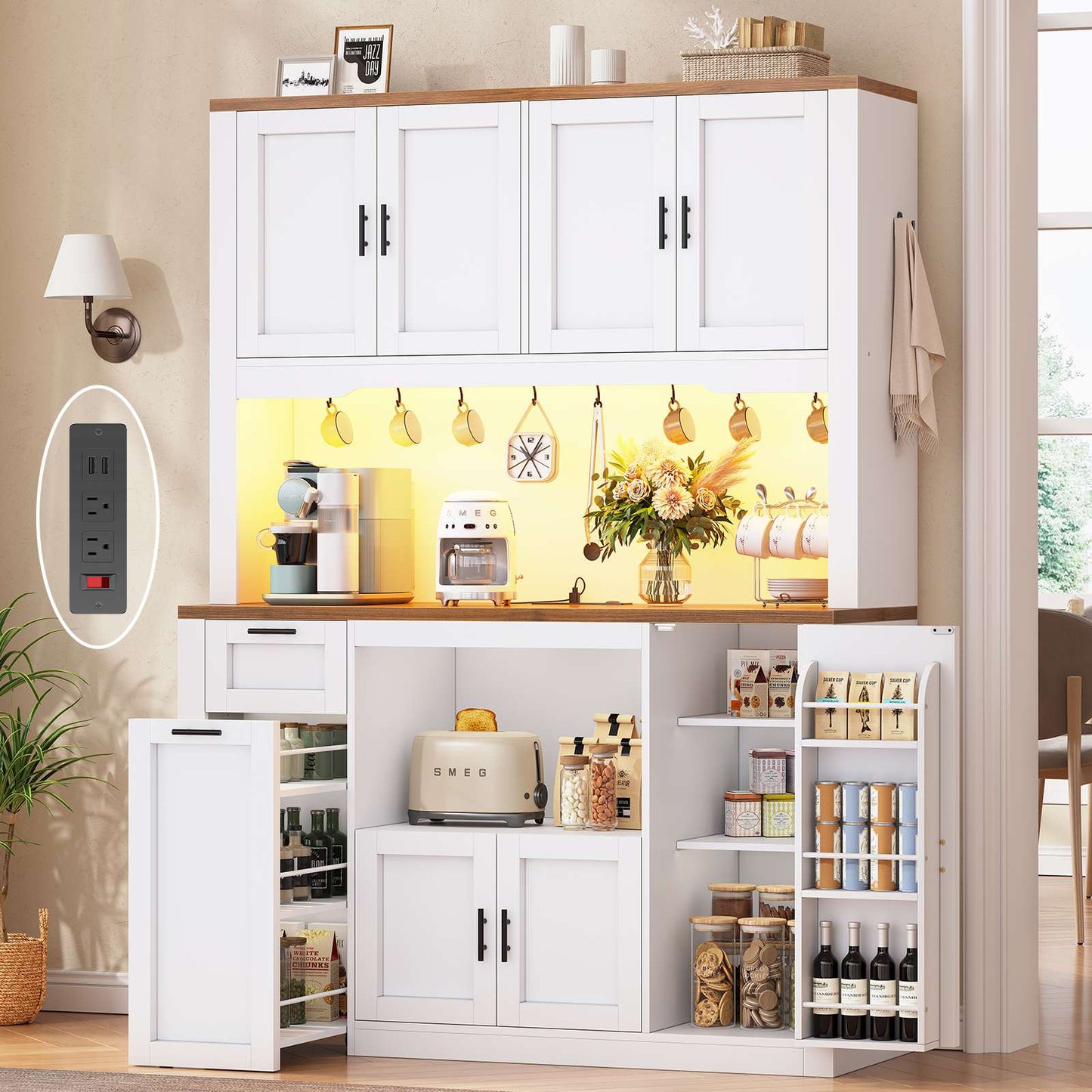 Itaar | 71 Inch Pantry Cabinet with Charging Station and LED Light Kitchen Pantry Cabinet with Microwave Stand