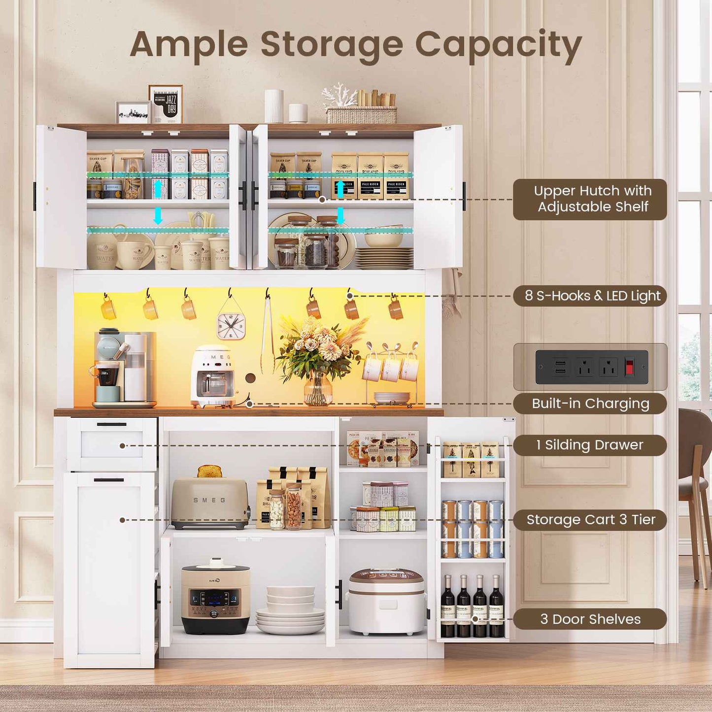 Itaar | 71 Inch Pantry Cabinet with Charging Station and LED Light Kitchen Pantry Cabinet with Microwave Stand