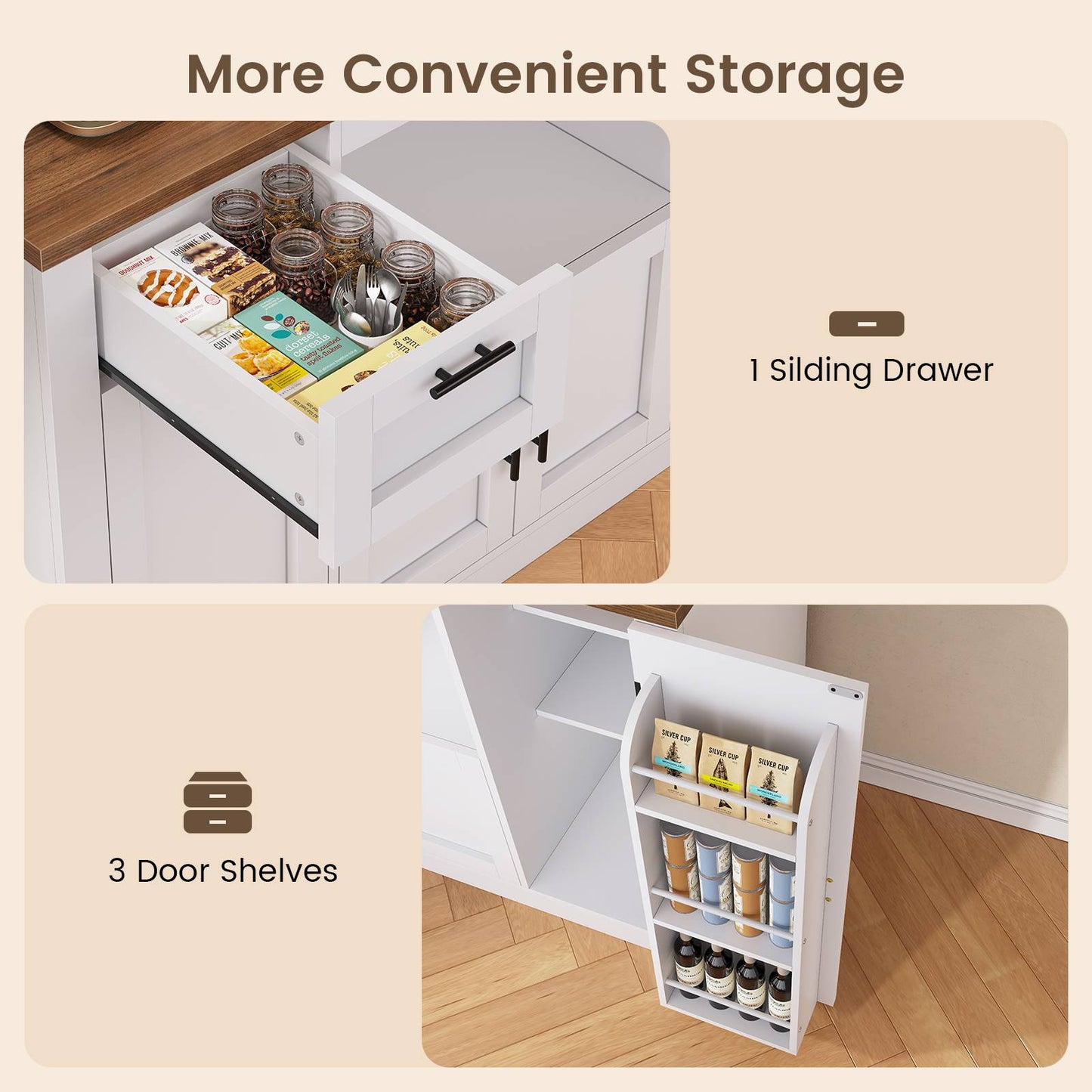 Itaar | 71 Inch Pantry Cabinet with Charging Station and LED Light Kitchen Pantry Cabinet with Microwave Stand