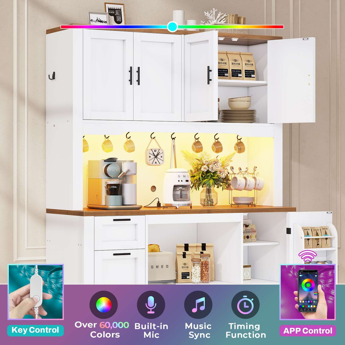 Itaar | 71 Inch Pantry Cabinet with Charging Station and LED Light Kitchen Pantry Cabinet with Microwave Stand