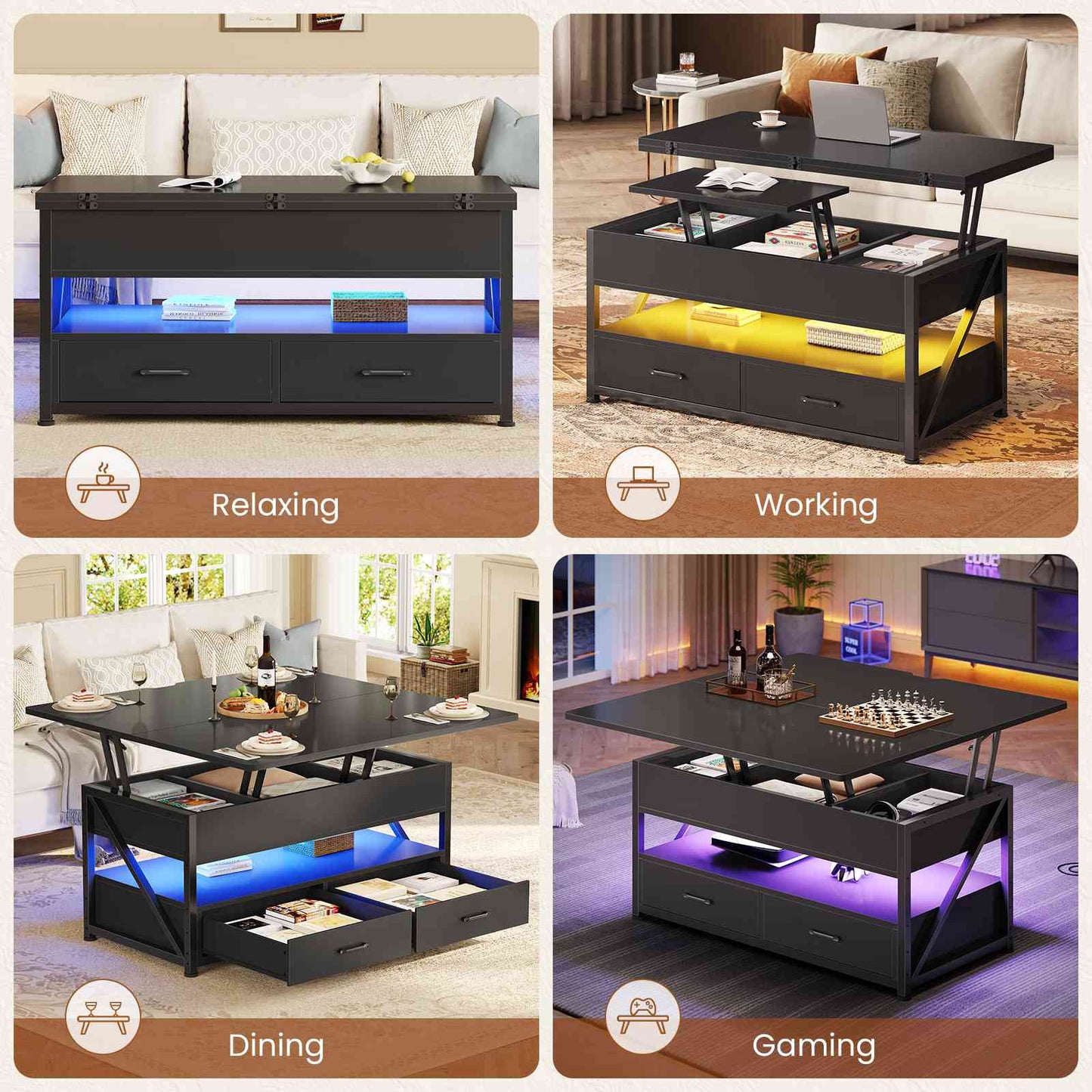 Itaar | 40 Inch Lift Top Coffee Table 4 in 1 Coffee Tables with Storage for Living Room Small Farmhouse Coffee Table with 2 Drawers LED Light