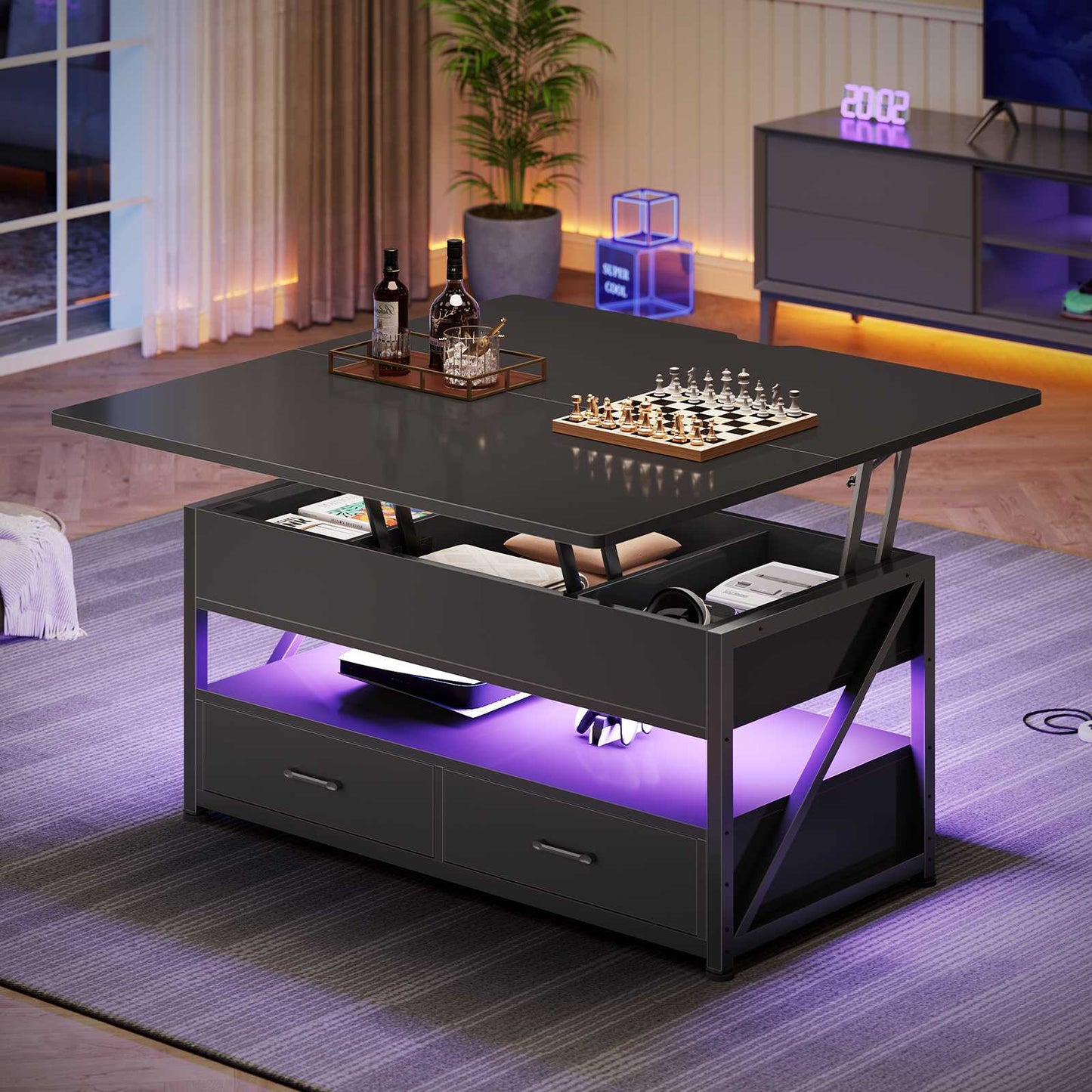 Itaar | 40 Inch Lift Top Coffee Table 4 in 1 Coffee Tables with Storage for Living Room Small Farmhouse Coffee Table with 2 Drawers LED Light