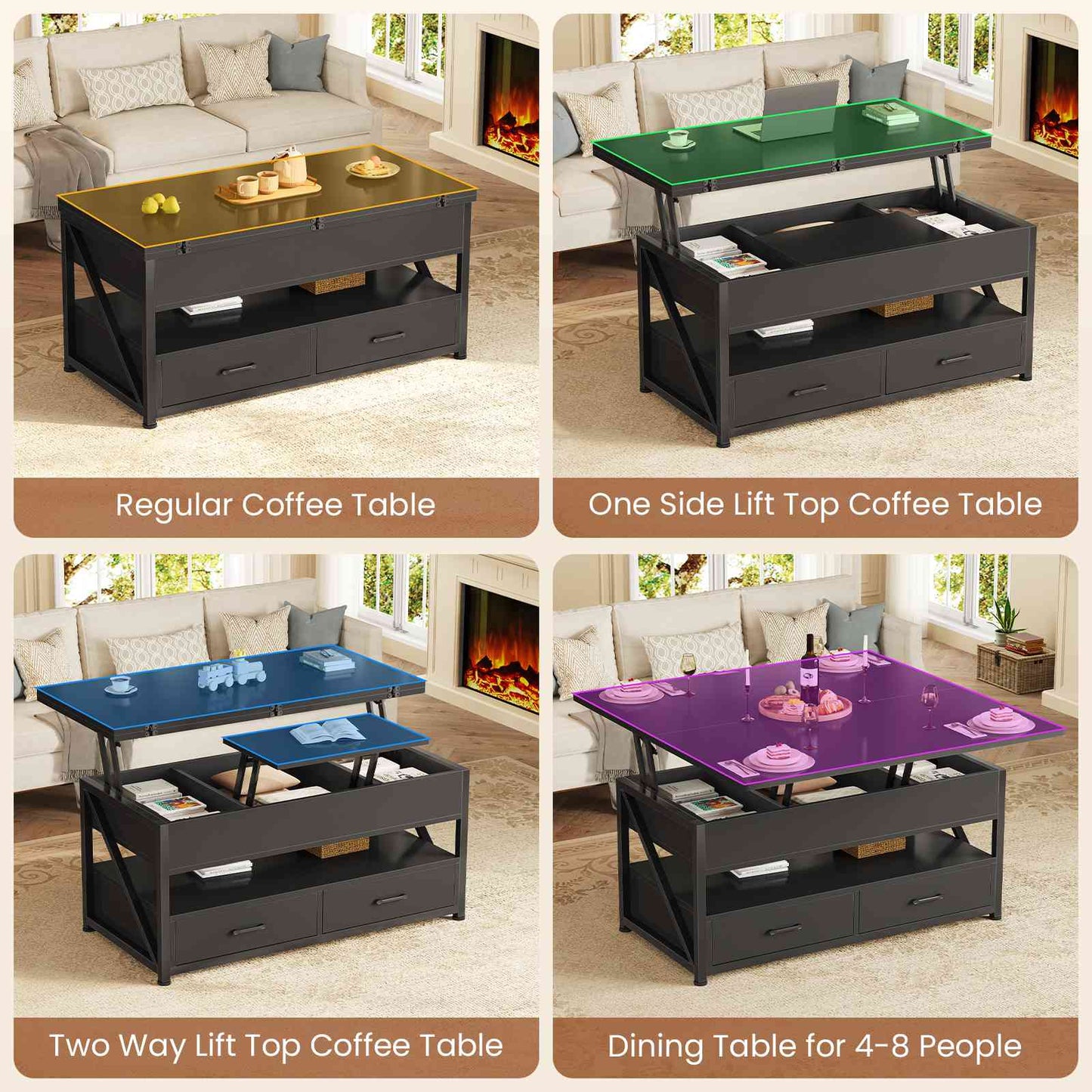 Itaar | 40 Inch Lift Top Coffee Table 4 in 1 Coffee Tables with Storage for Living Room Small Farmhouse Coffee Table with 2 Drawers LED Light