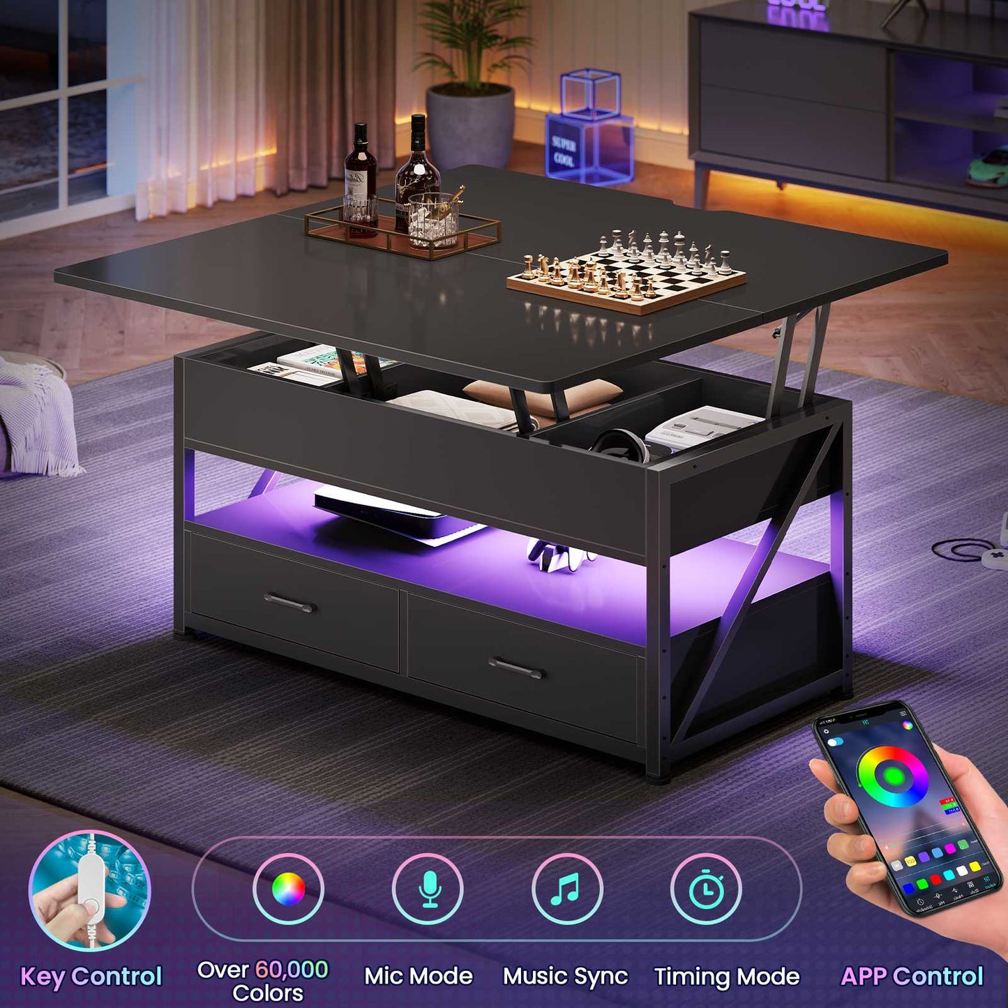 Itaar | 40 Inch Lift Top Coffee Table 4 in 1 Coffee Tables with Storage for Living Room Small Farmhouse Coffee Table with 2 Drawers LED Light
