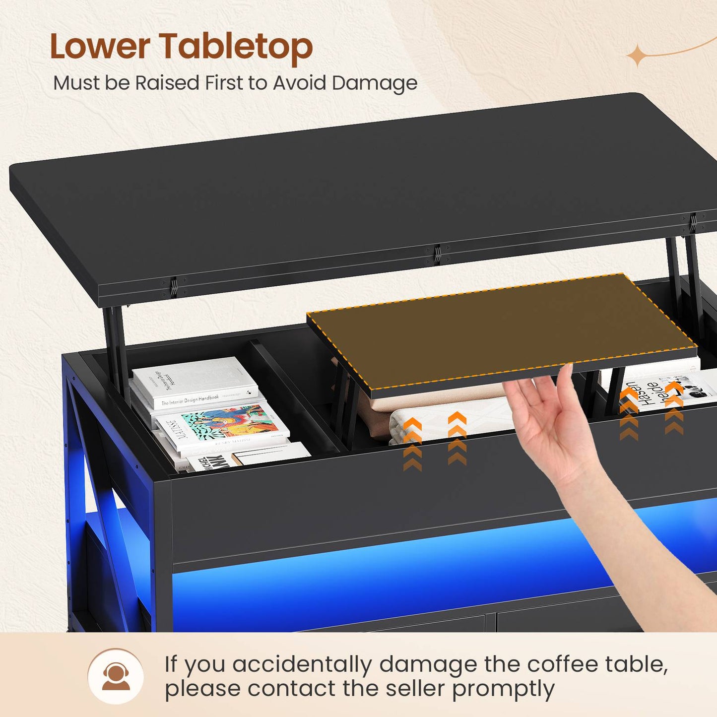 Itaar | 40 Inch Lift Top Coffee Table 4 in 1 Coffee Tables with Storage for Living Room Small Farmhouse Coffee Table with 2 Drawers LED Light