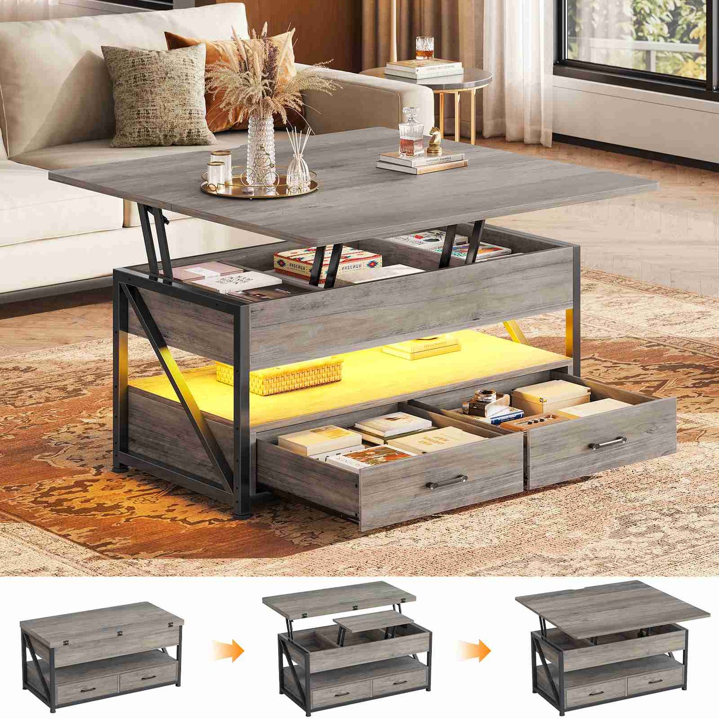 Itaar | 40 Inch Lift Top Coffee Table 4 in 1 Coffee Tables with Storage for Living Room Small Farmhouse Coffee Table with 2 Drawers LED Light