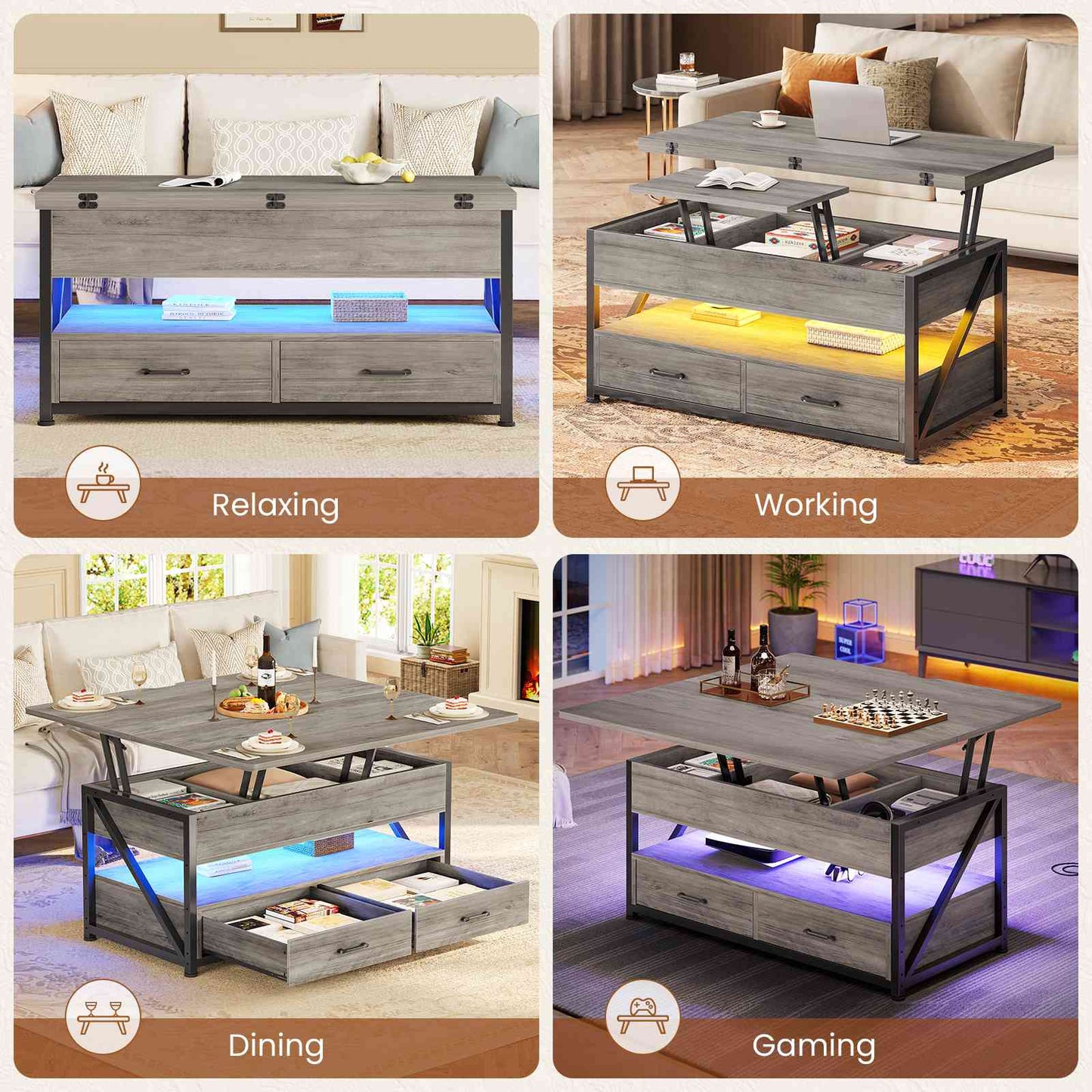 Itaar | 40 Inch Lift Top Coffee Table 4 in 1 Coffee Tables with Storage for Living Room Small Farmhouse Coffee Table with 2 Drawers LED Light