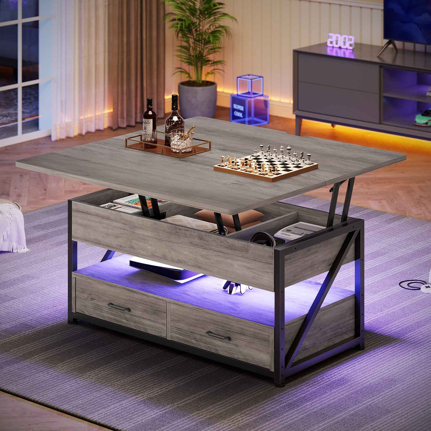 Itaar | 40 Inch Lift Top Coffee Table 4 in 1 Coffee Tables with Storage for Living Room Small Farmhouse Coffee Table with 2 Drawers LED Light