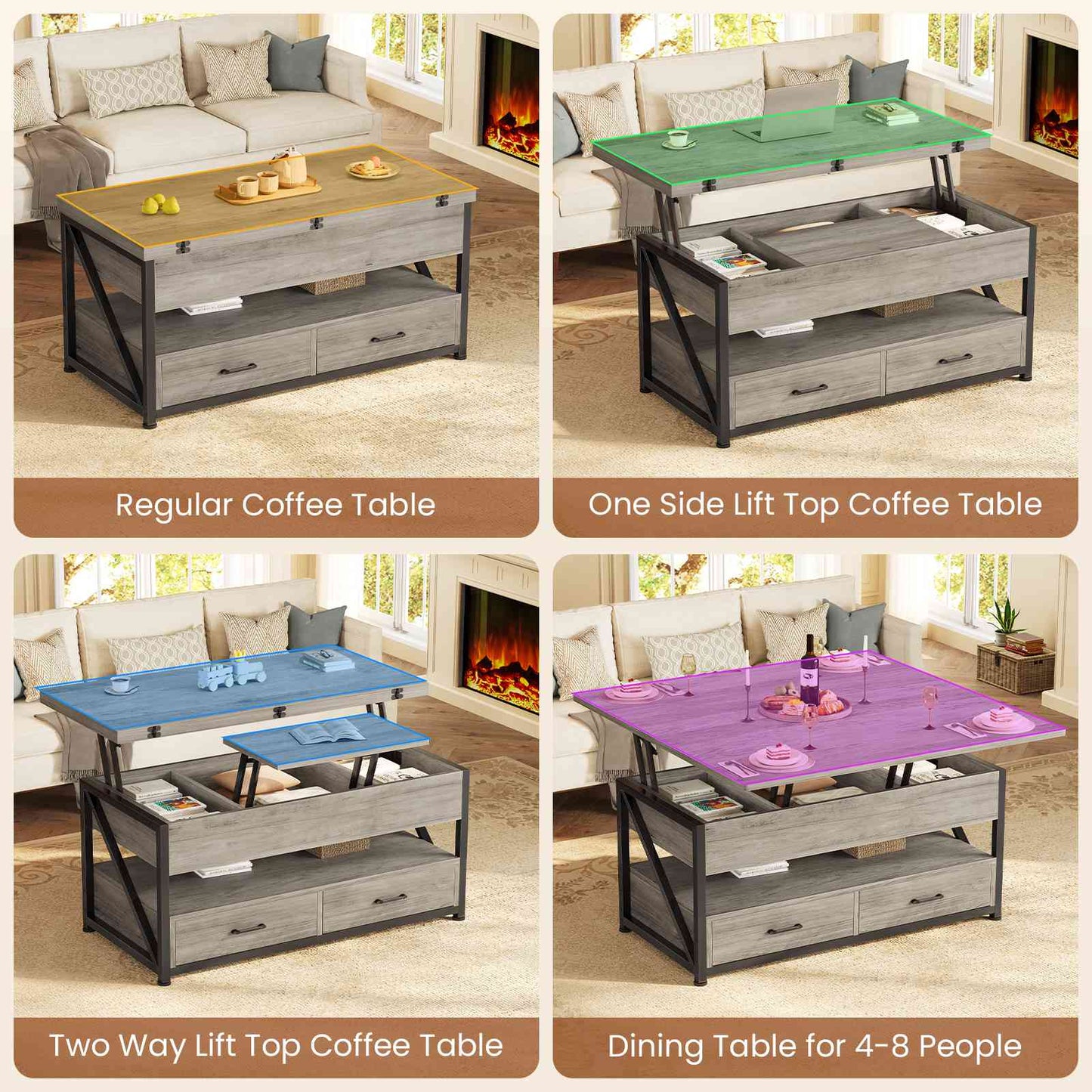 Itaar | 40 Inch Lift Top Coffee Table 4 in 1 Coffee Tables with Storage for Living Room Small Farmhouse Coffee Table with 2 Drawers LED Light