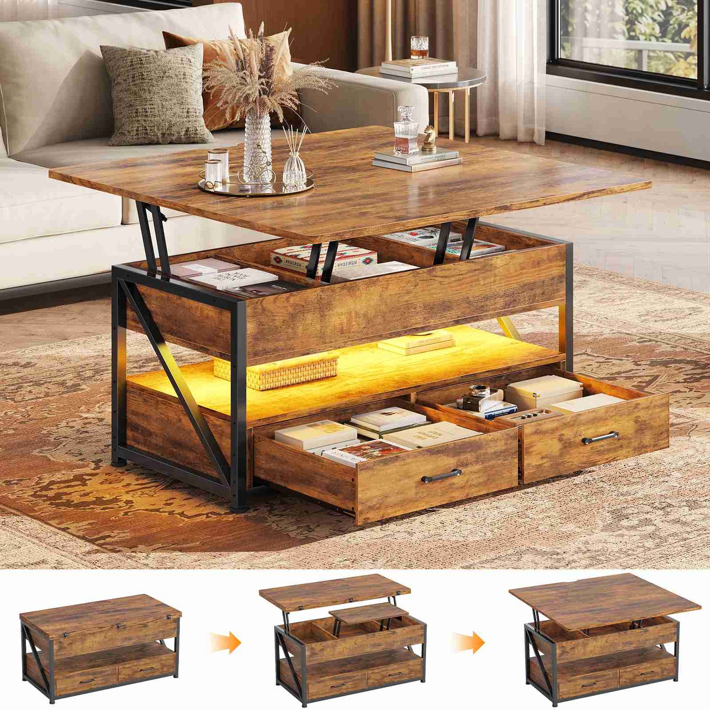 Itaar | 40 Inch Lift Top Coffee Table 4 in 1 Coffee Tables with Storage for Living Room Small Farmhouse Coffee Table with 2 Drawers LED Light