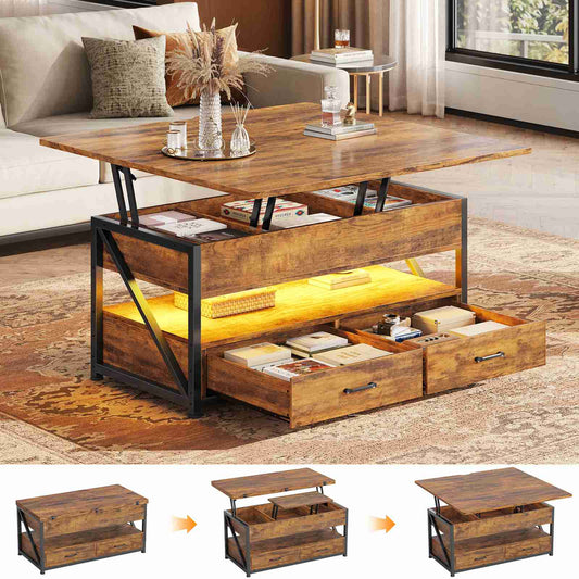 Itaar | 40 Inch Lift Top Coffee Table 4 in 1 Coffee Tables with Storage for Living Room Small Farmhouse Coffee Table with 2 Drawers LED Light