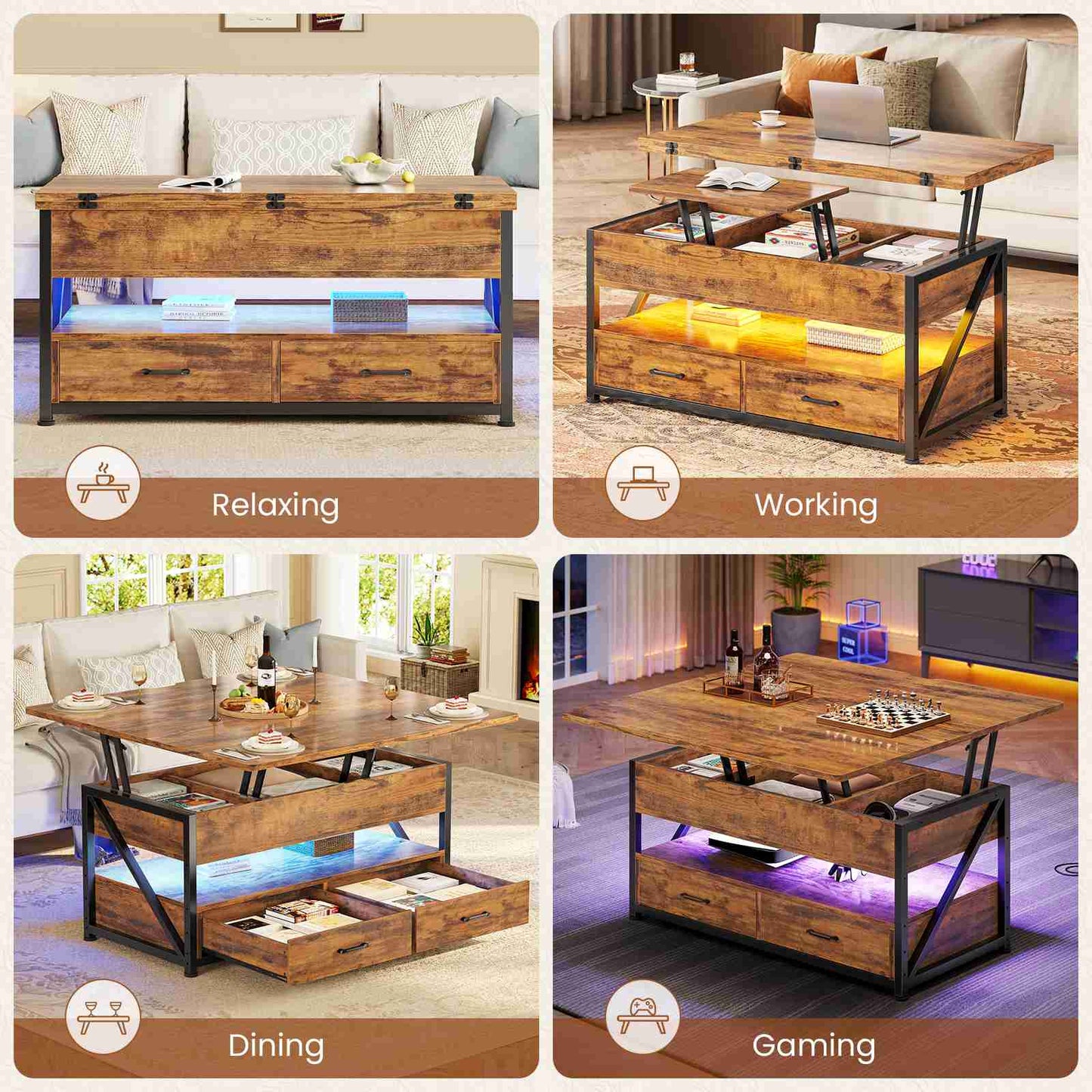 Itaar | 40 Inch Lift Top Coffee Table 4 in 1 Coffee Tables with Storage for Living Room Small Farmhouse Coffee Table with 2 Drawers LED Light