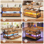Itaar | 40 Inch Lift Top Coffee Table 4 in 1 Coffee Tables with Storage for Living Room Small Farmhouse Coffee Table with 2 Drawers LED Light