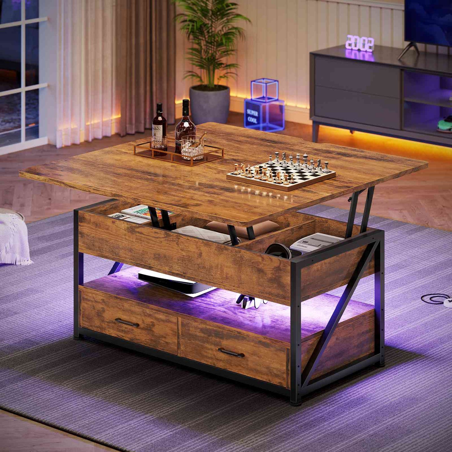 Itaar | 40 Inch Lift Top Coffee Table 4 in 1 Coffee Tables with Storage for Living Room Small Farmhouse Coffee Table with 2 Drawers LED Light