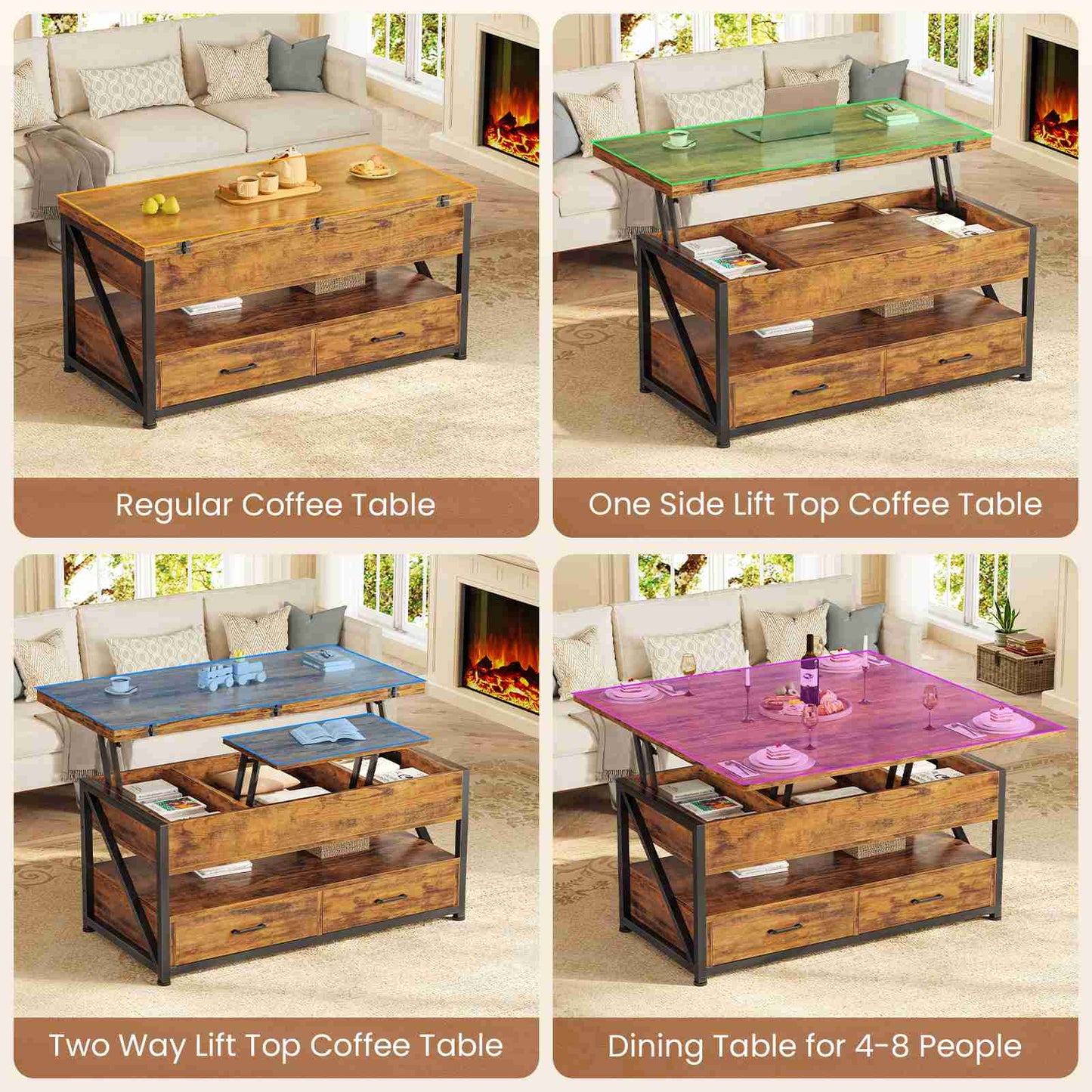 Itaar | 40 Inch Lift Top Coffee Table 4 in 1 Coffee Tables with Storage for Living Room Small Farmhouse Coffee Table with 2 Drawers LED Light