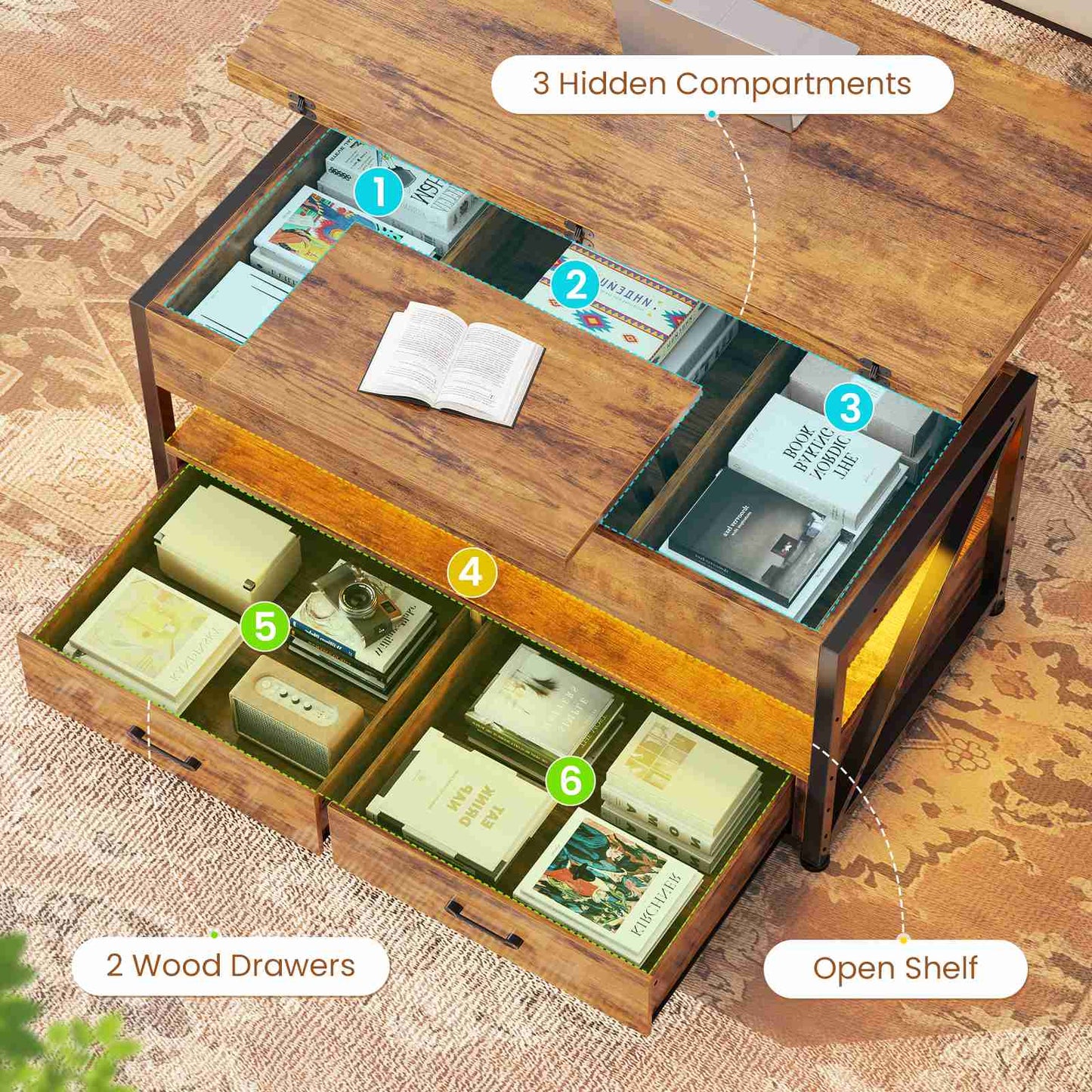 Itaar | 40 Inch Lift Top Coffee Table 4 in 1 Coffee Tables with Storage for Living Room Small Farmhouse Coffee Table with 2 Drawers LED Light