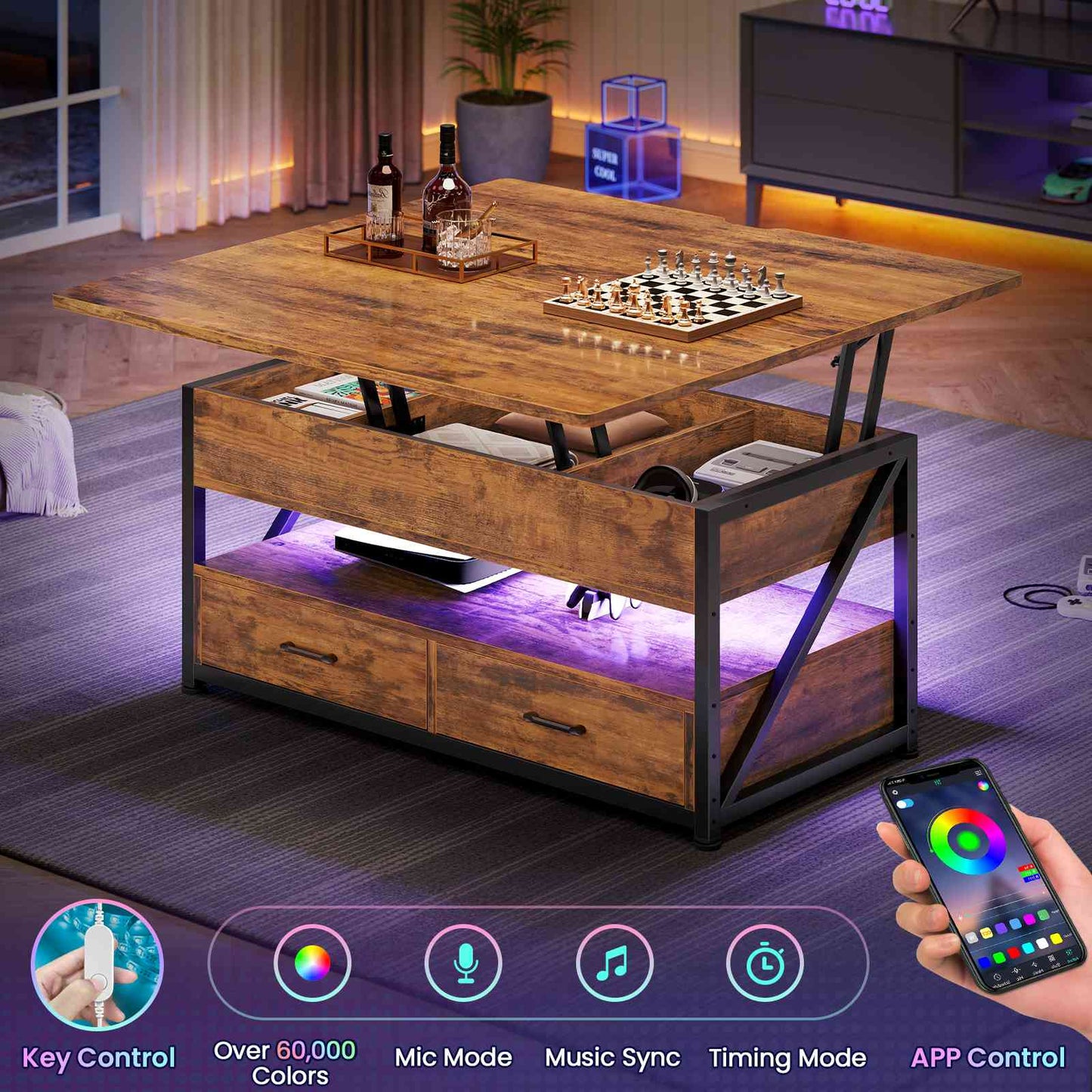 Itaar | 40 Inch Lift Top Coffee Table 4 in 1 Coffee Tables with Storage for Living Room Small Farmhouse Coffee Table with 2 Drawers LED Light