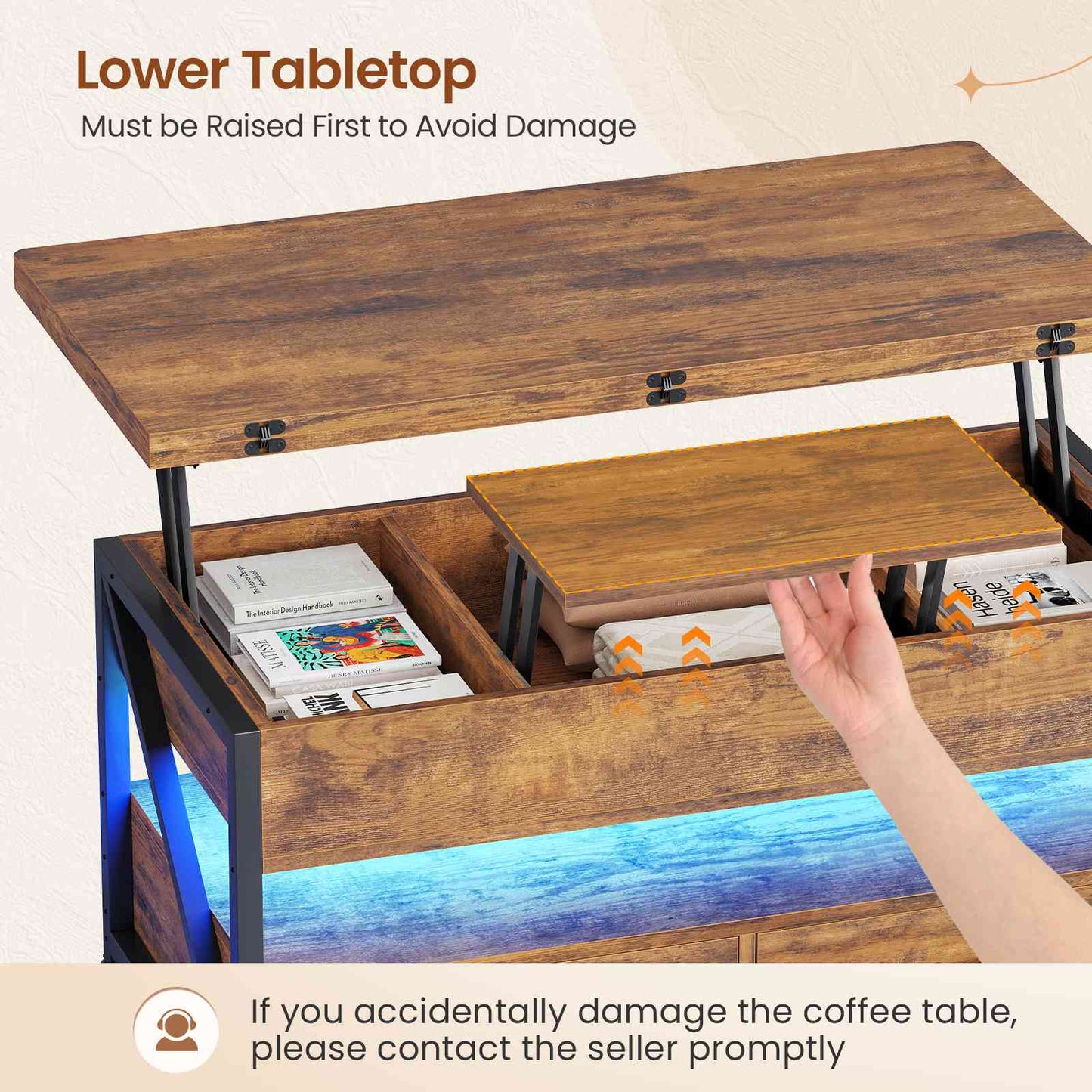 Itaar | 40 Inch Lift Top Coffee Table 4 in 1 Coffee Tables with Storage for Living Room Small Farmhouse Coffee Table with 2 Drawers LED Light