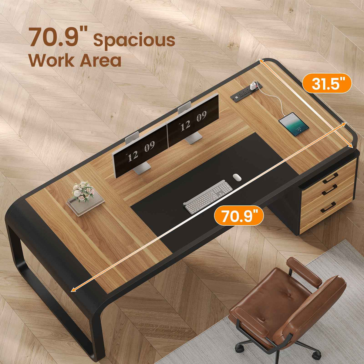 Itaar | 70.9 Inch Executive Desk Large Computer Desk with Drawers and Lateral File Cabinet Office Desk with Removable Shelves