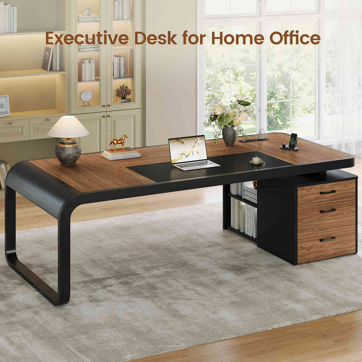 Itaar | 70.9 Inch Executive Desk Large Computer Desk with Drawers and Lateral File Cabinet Office Desk with Removable Shelves