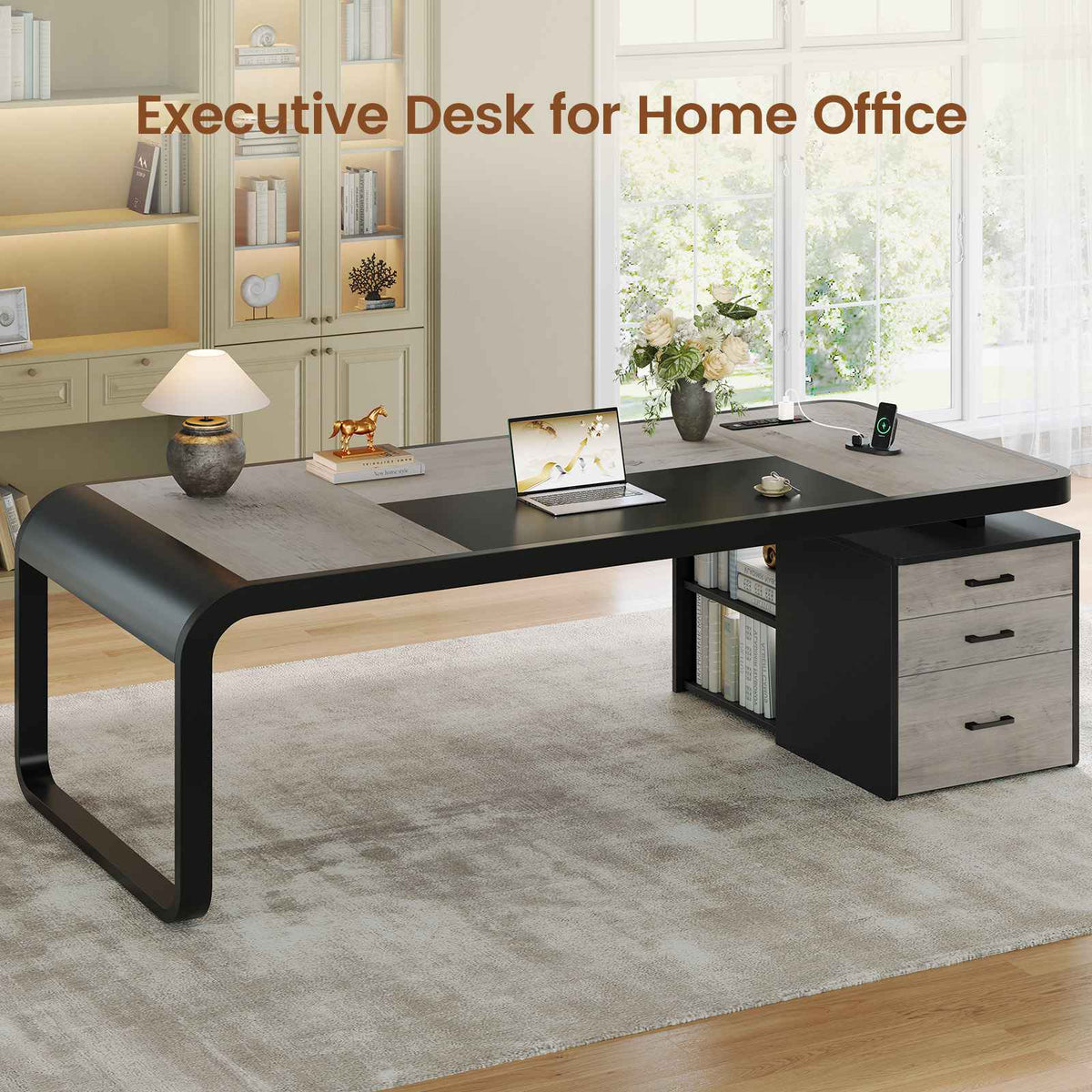 Itaar | 70.9 Inch Executive Desk Large Computer Desk with Drawers and Lateral File Cabinet Office Desk with Removable Shelves