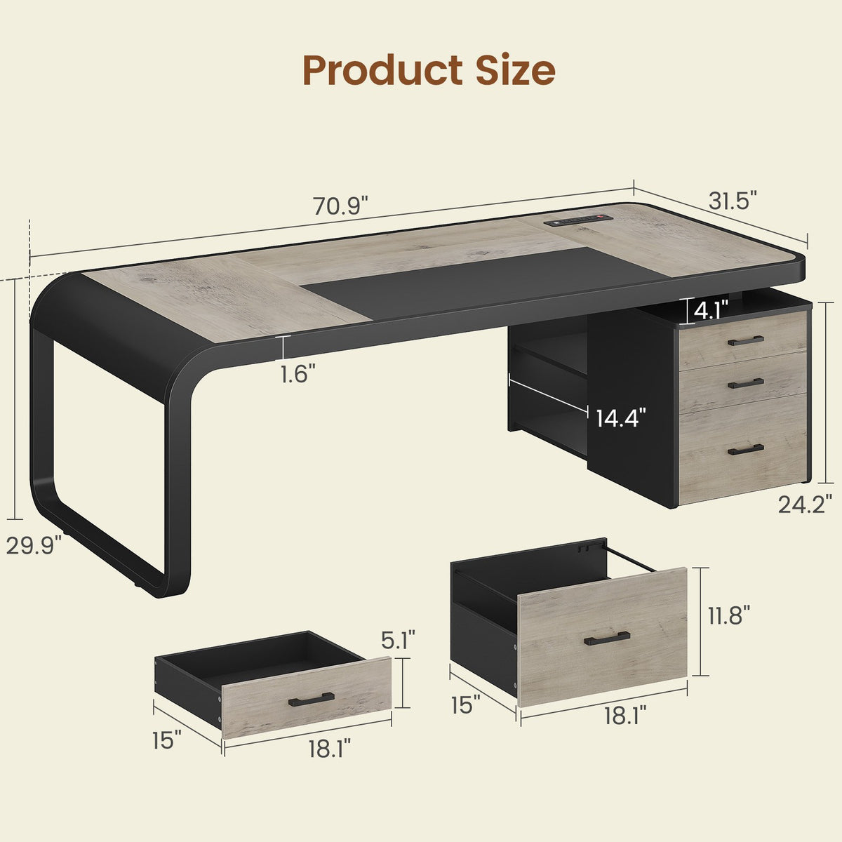Itaar | 70.9 Inch Executive Desk Large Computer Desk with Drawers and Lateral File Cabinet Office Desk with Removable Shelves
