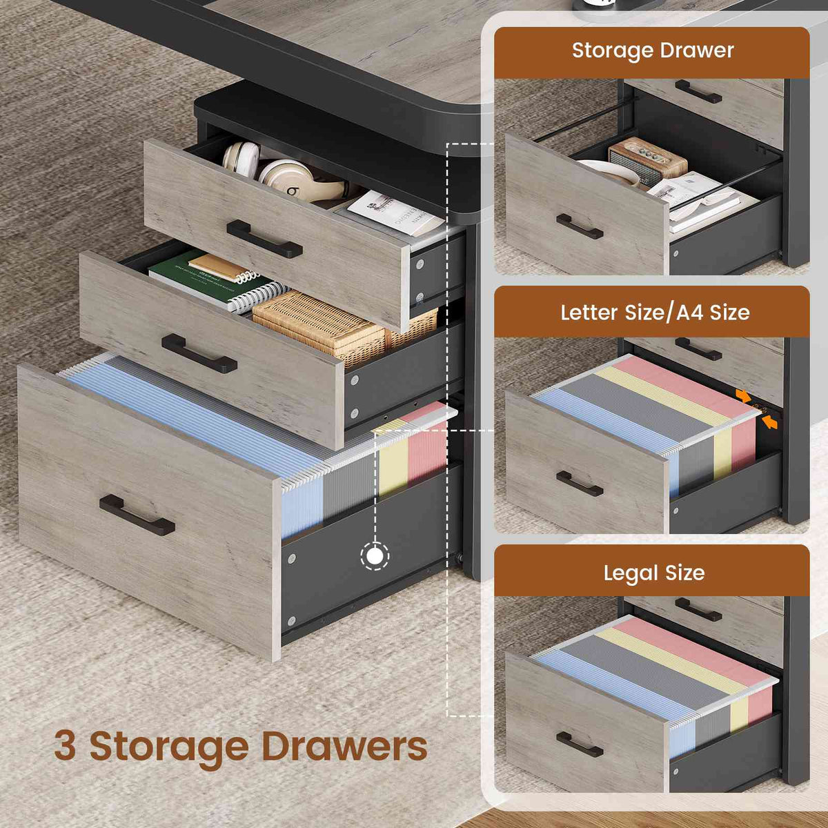 Itaar | 70.9 Inch Executive Desk Large Computer Desk with Drawers and Lateral File Cabinet Office Desk with Removable Shelves