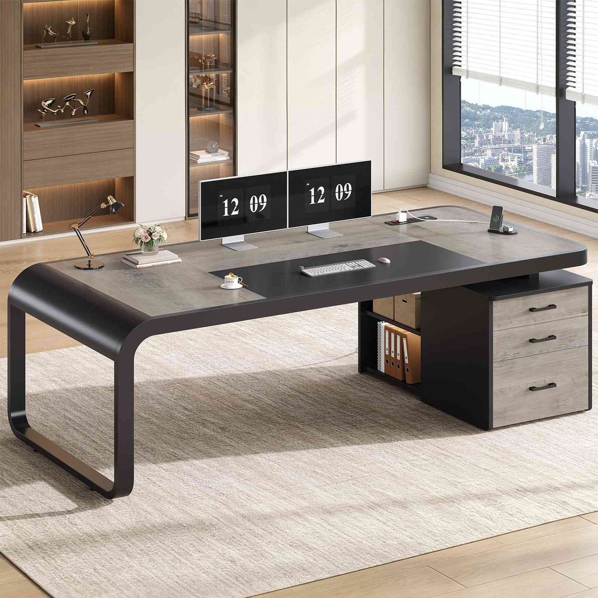 Itaar | 70.9 Inch Executive Desk Large Computer Desk with Drawers and Lateral File Cabinet Office Desk with Removable Shelves