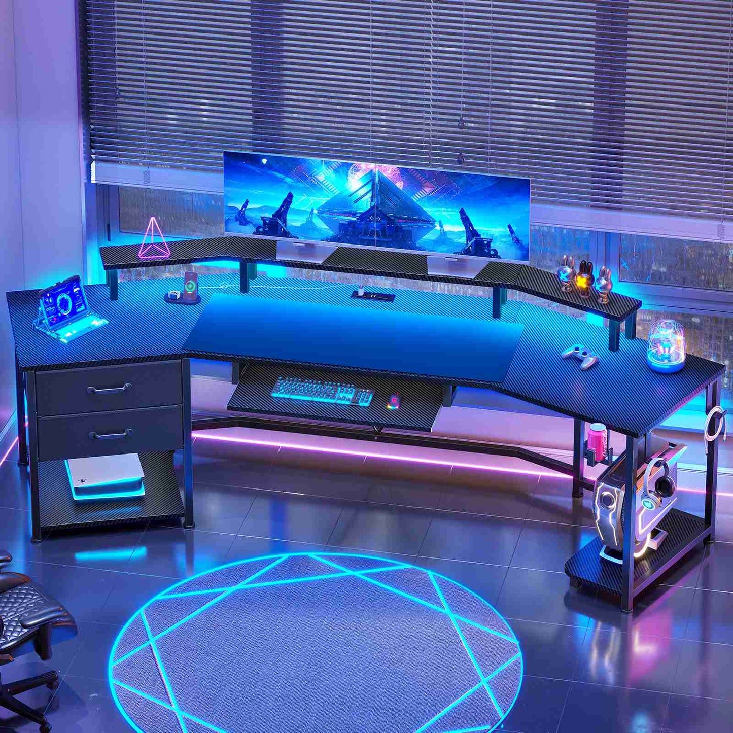 Itaar | 79 Inch Gaming Desk with 2 Fabric Drawers Long Computer Desk with Power Strip LED Lights U Shaped Desk with Storage and Cup Holder