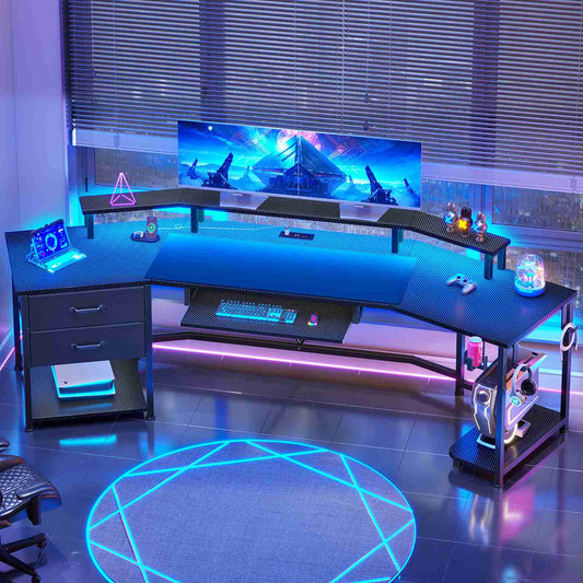 Itaar | 79 Inch Gaming Desk with 2 Fabric Drawers Long Computer Desk with Power Strip LED Lights U Shaped Desk with Storage and Cup Holder