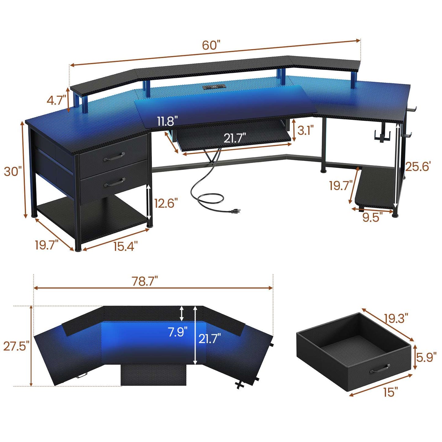 Itaar | 79 Inch Gaming Desk with 2 Fabric Drawers Long Computer Desk with Power Strip LED Lights U Shaped Desk with Storage and Cup Holder