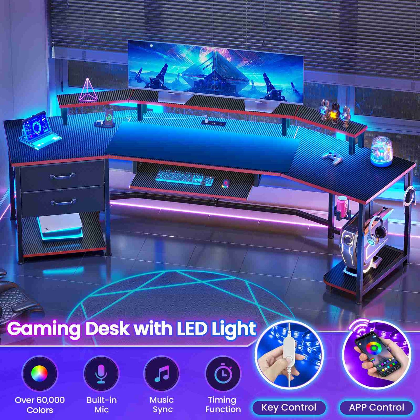 Itaar | 79 Inch Gaming Desk with 2 Fabric Drawers Long Computer Desk with Power Strip LED Lights U Shaped Desk with Storage and Cup Holder